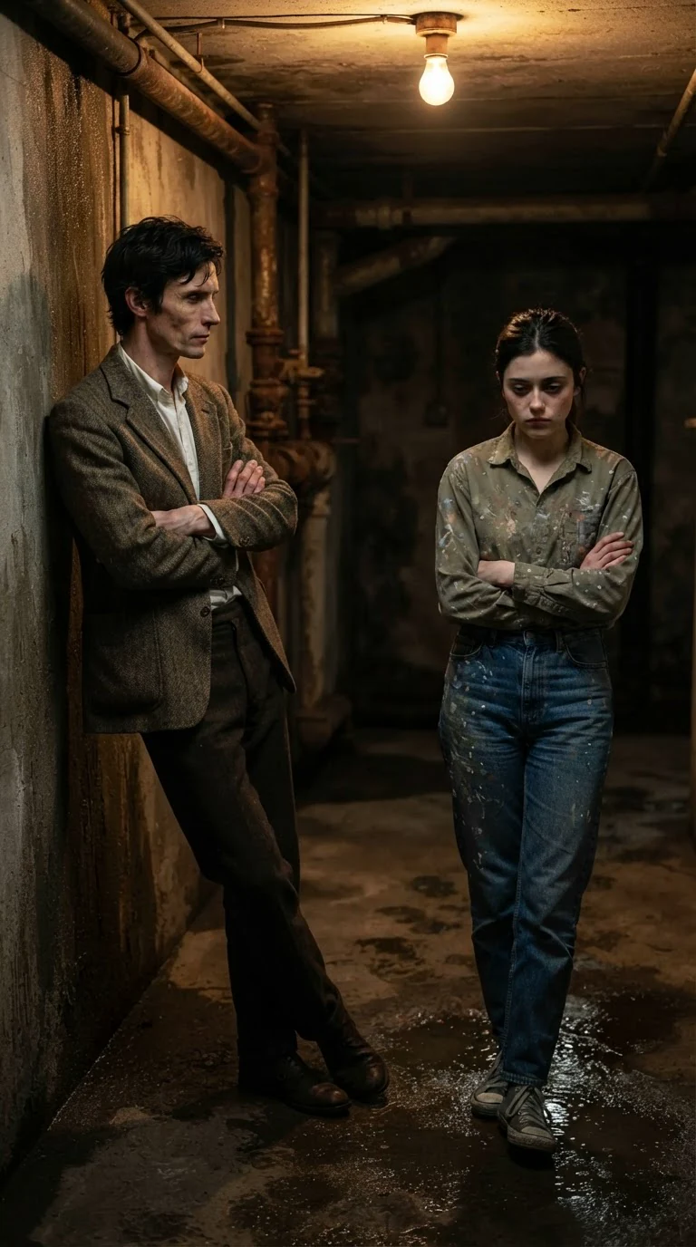 The professor tilts his head, unimpressed, while the young woman's eyes drop.