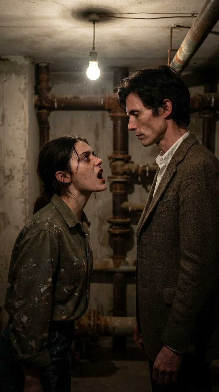The young woman stares up at him, indignant, mouth open.