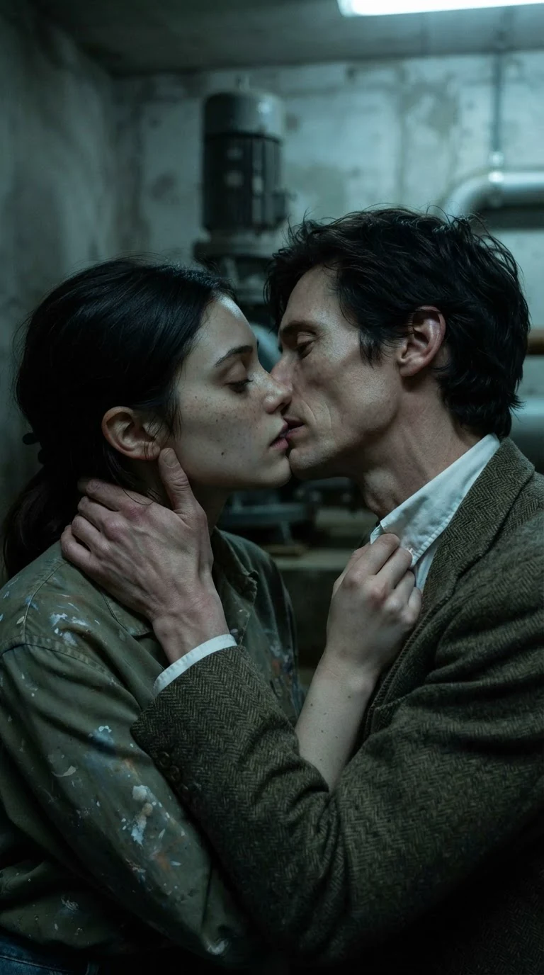 She kisses him back, eyes shut, one hand climbing to his collar.