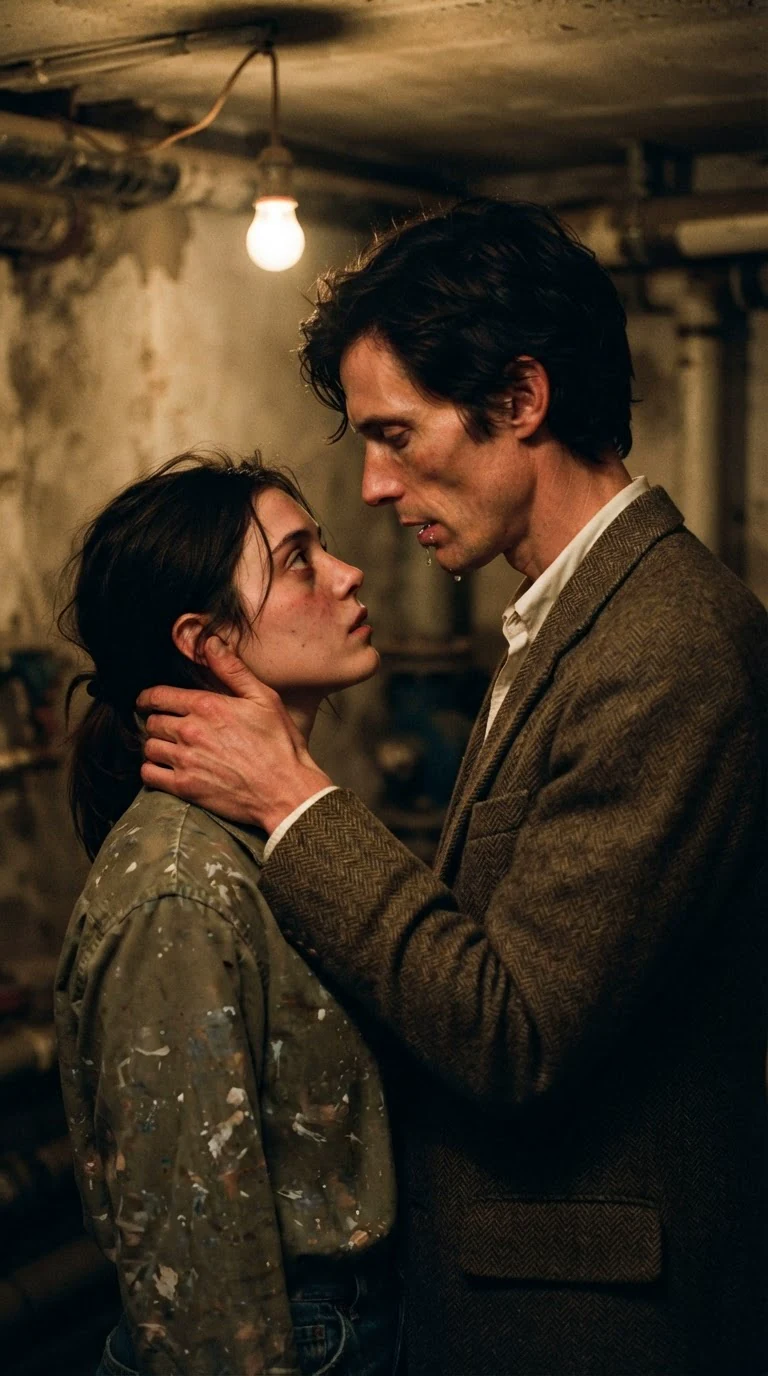 He pulls back, breathing hard, still holding her neck.