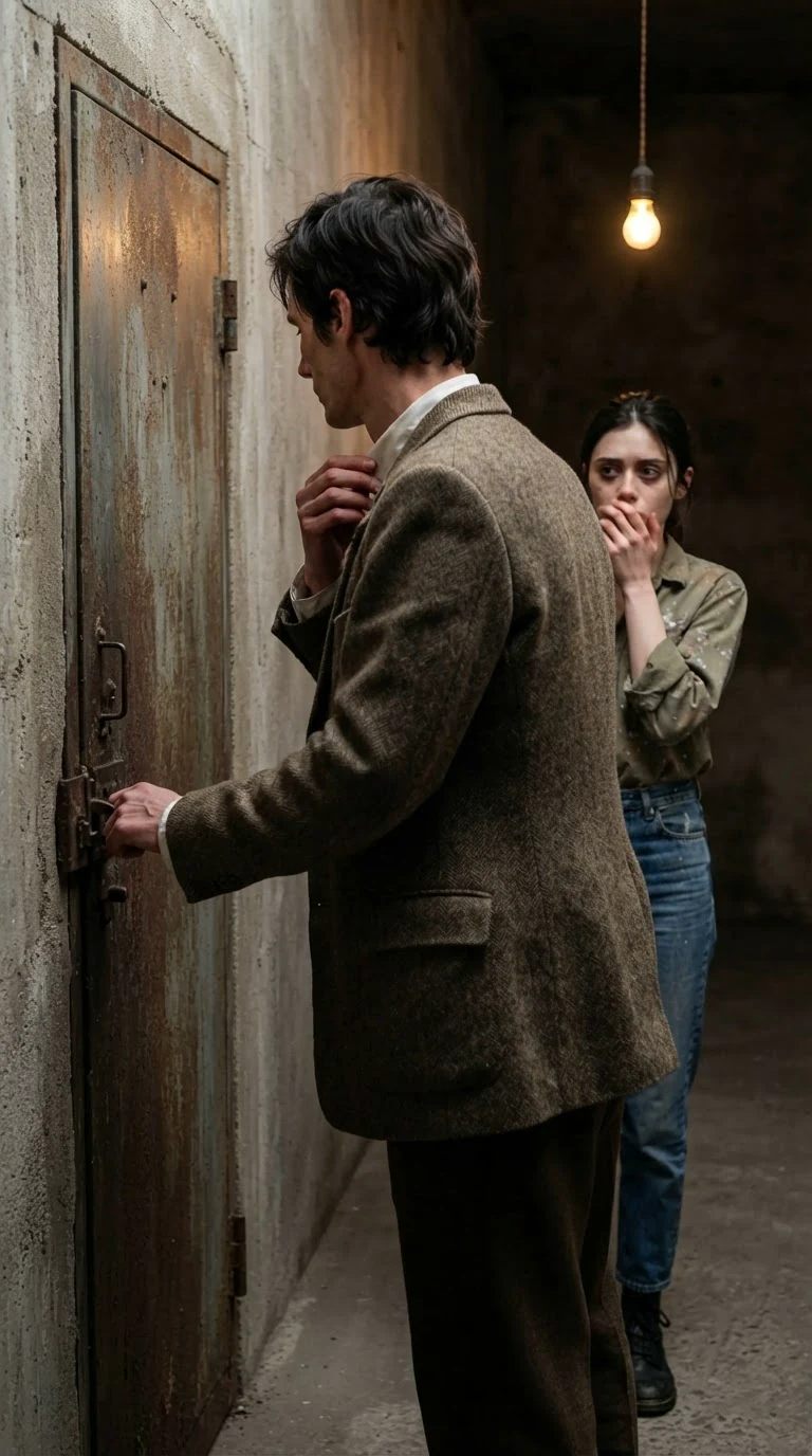 He straightens his jacket at the pump room door, back to her.