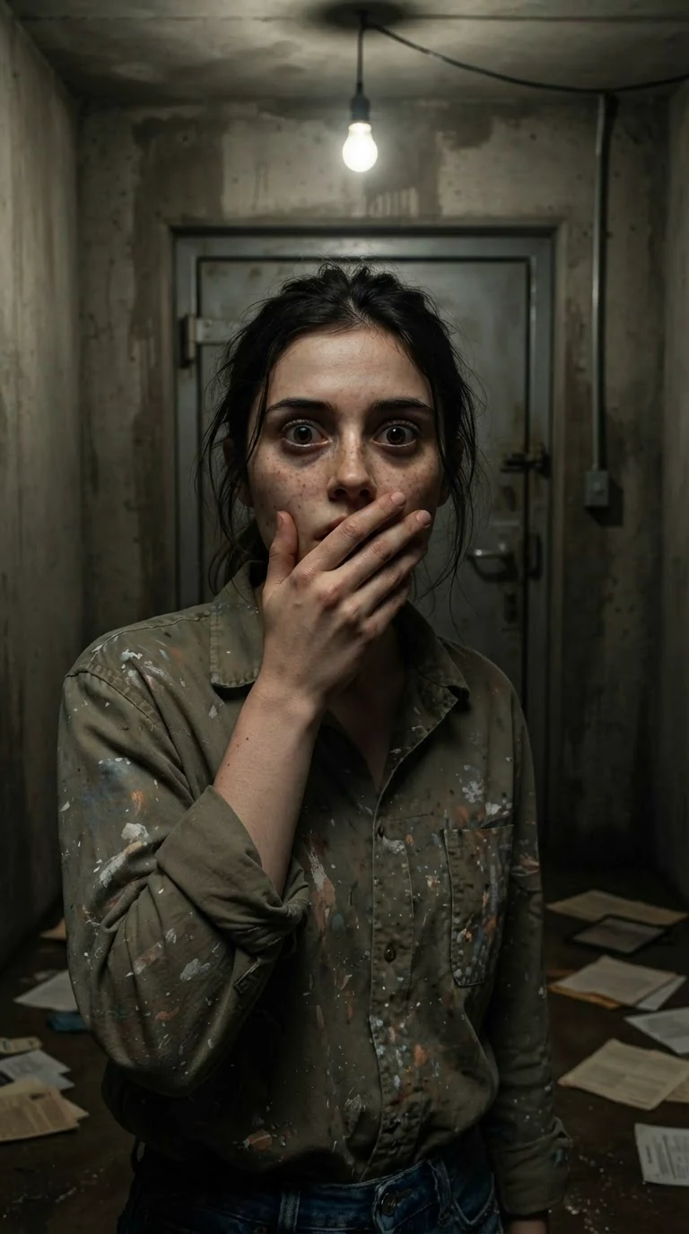 She stands alone under the bulb, hand on her mouth, staring at the shut door.