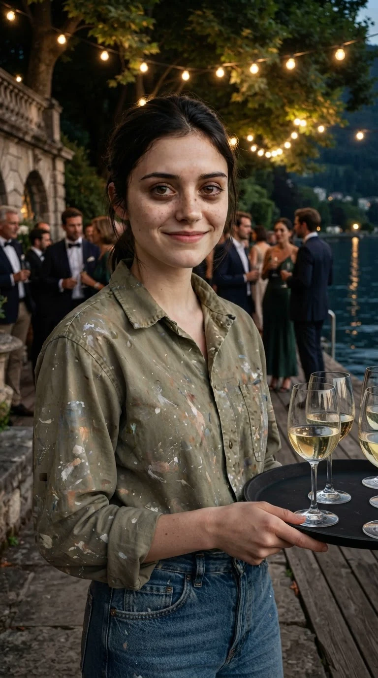 Back out at the party, the young woman carries a tray again with a fixed smile.