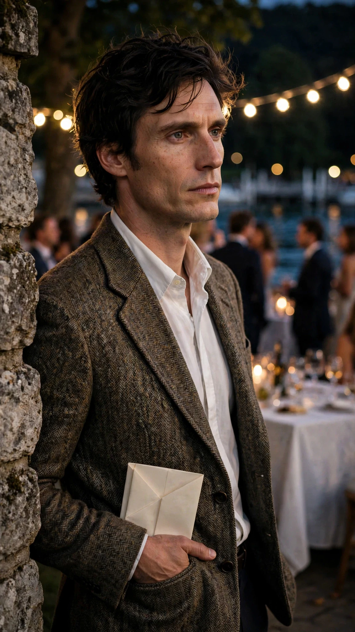 Across the party, the professor stands by a pillar watching her, one hand inside his jacket.