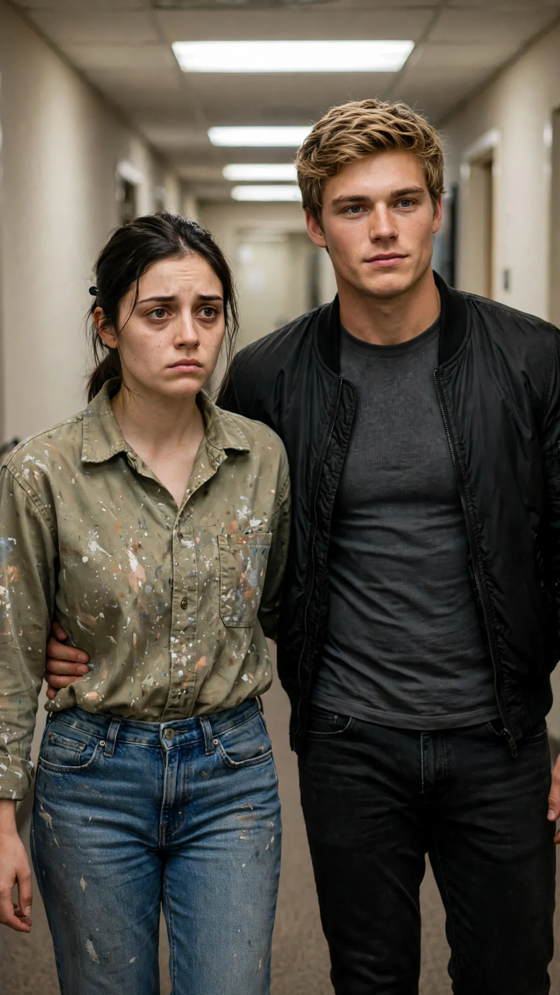 A nervous young woman in a paint-stained work shirt walks a radio station hallway with a gym-fit man's hand on her lower back.
