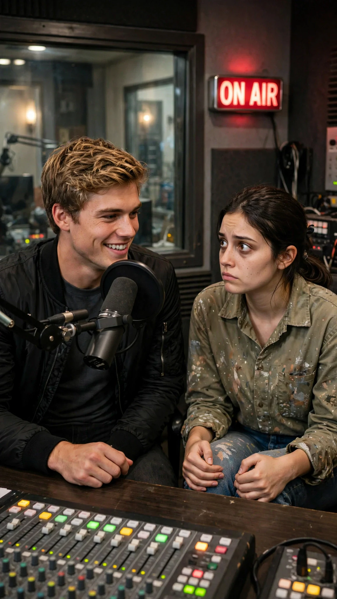 A radio host leans into a microphone in a glass booth while the young woman sits stiffly beside him.
