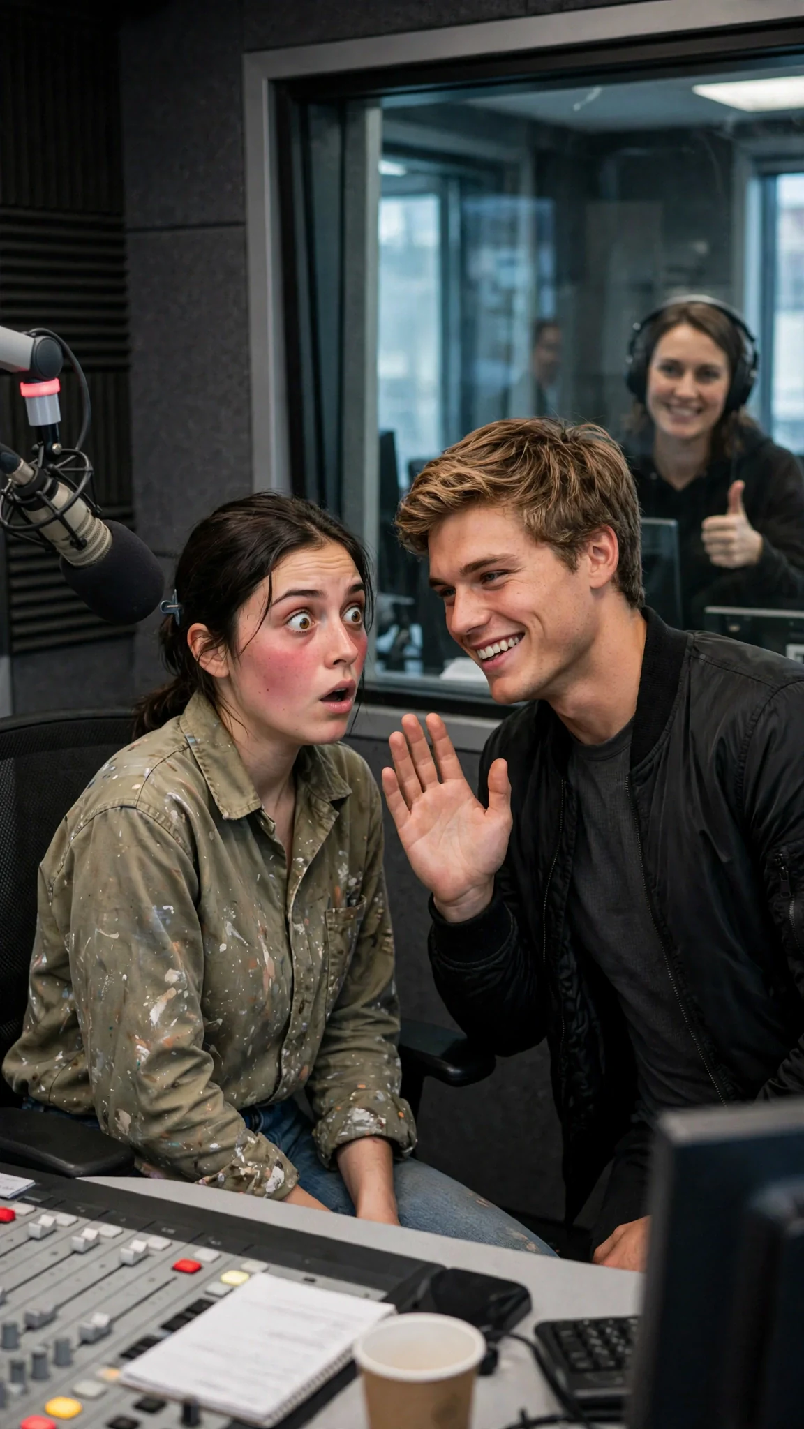 The young woman freezes in her chair while the host gestures at her through the glass.