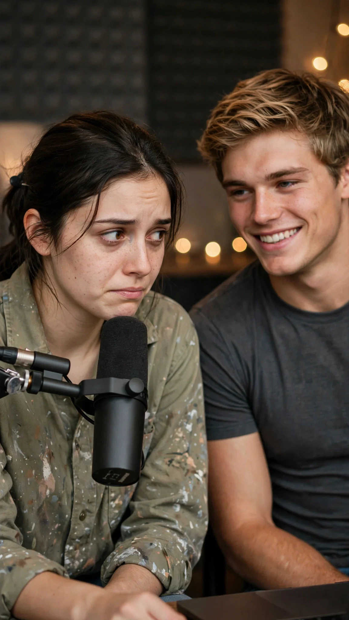 The young woman leans toward the microphone, her voice small, while the host grins.