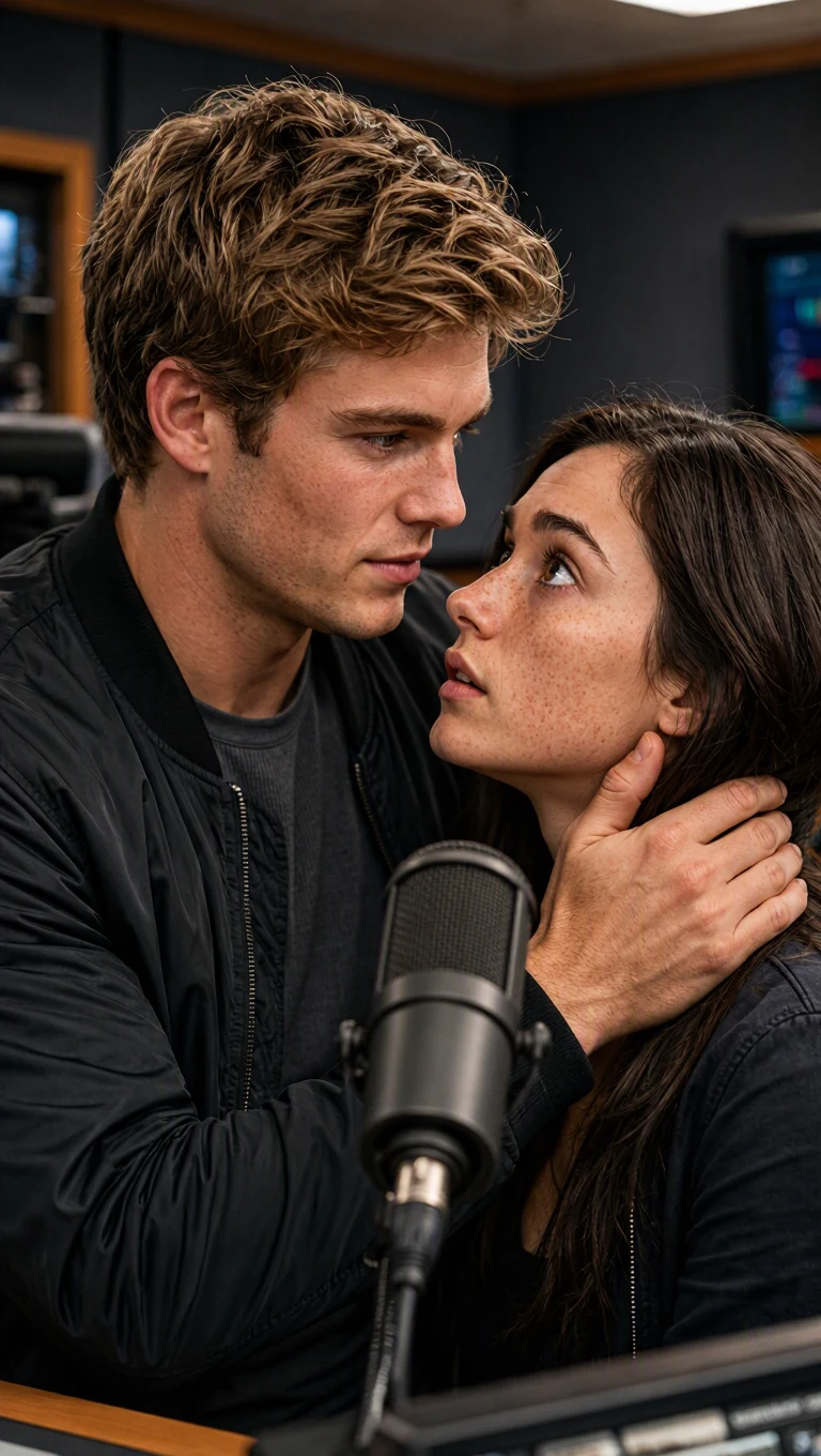 The host's fingers curl around the back of the young woman's neck as he turns her face toward his.