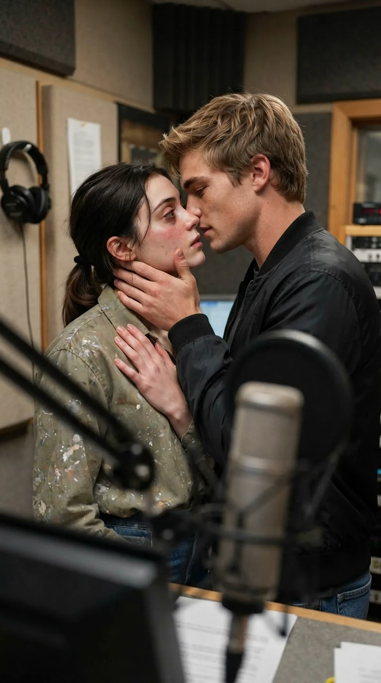 The kiss in the booth, the young woman's hand flat against the host's chest, her eyes open.