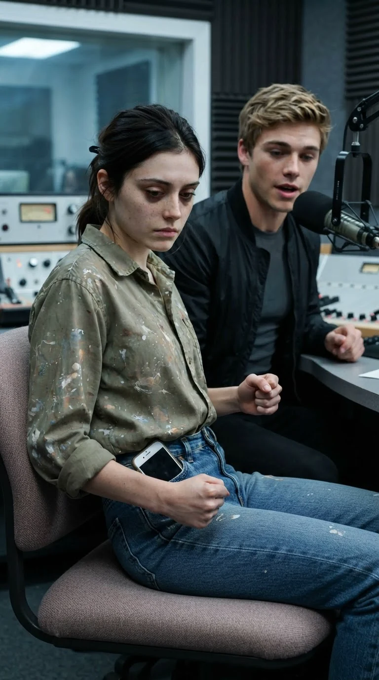 The young woman sits back in her chair as her phone buzzes against her thigh.