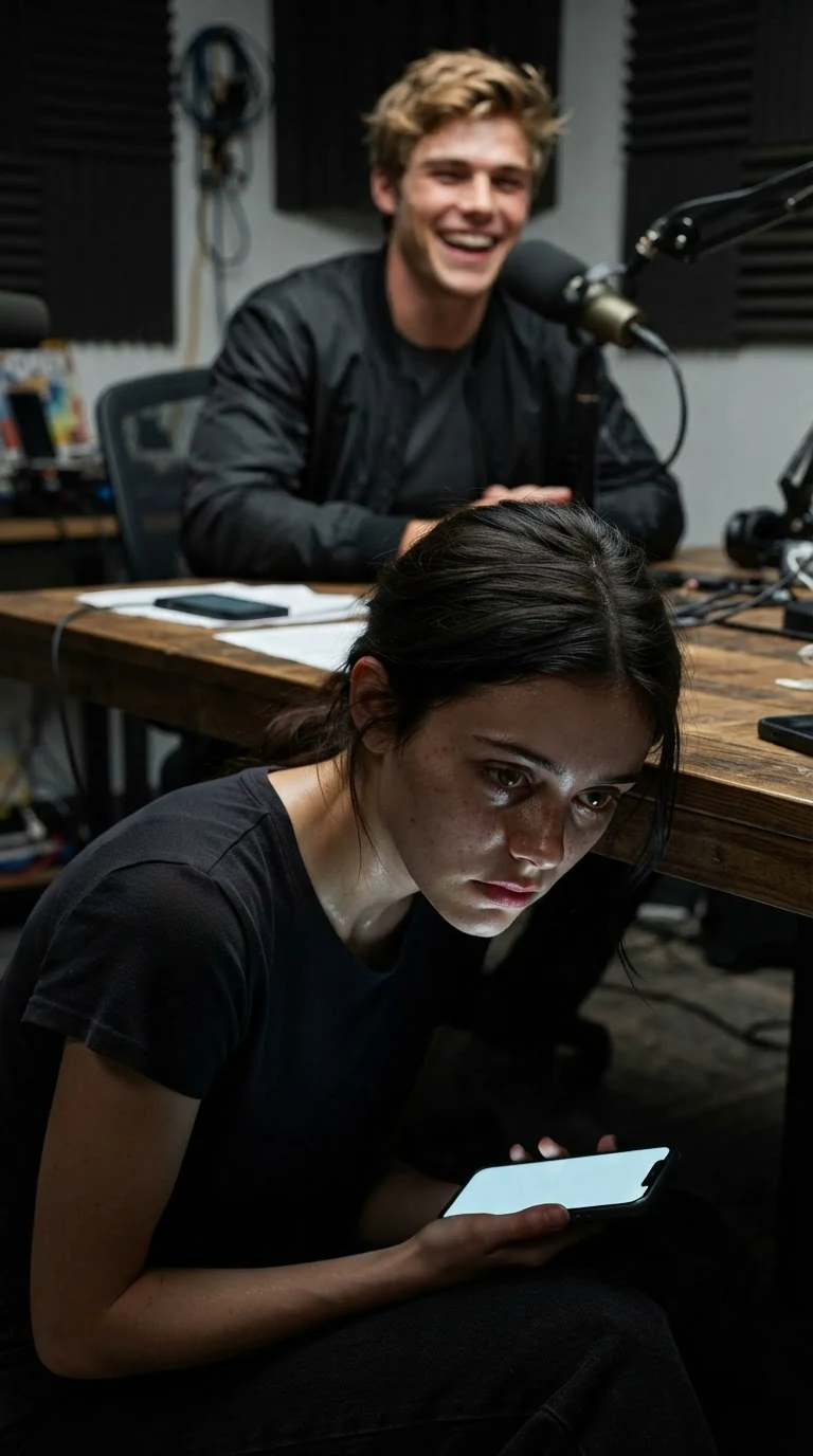The young woman reads her phone under the desk, the screen glow lighting her face.