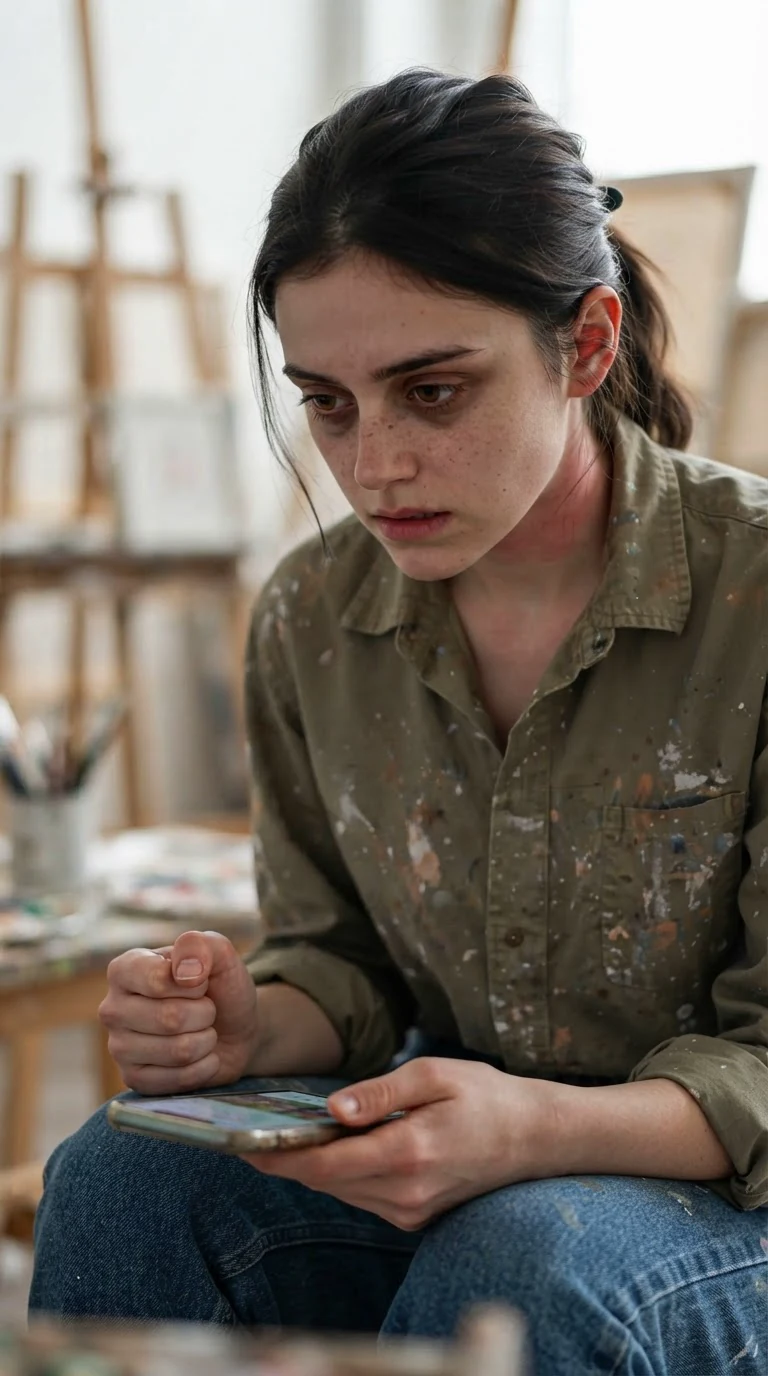 The young woman's neck and ears flush red as she stares at the phone.