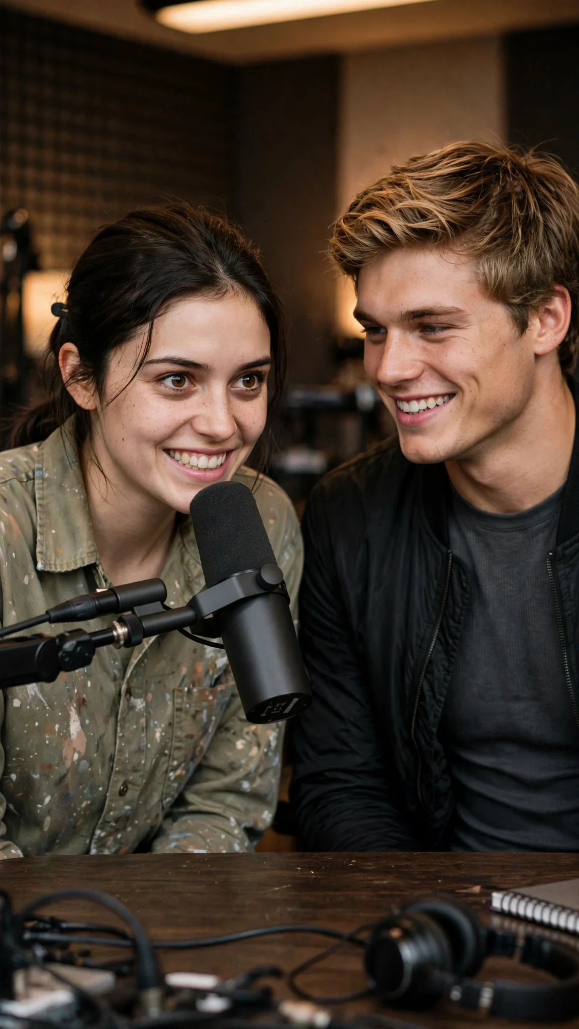 The young woman smiles into the microphone with her hands clenched under the desk.