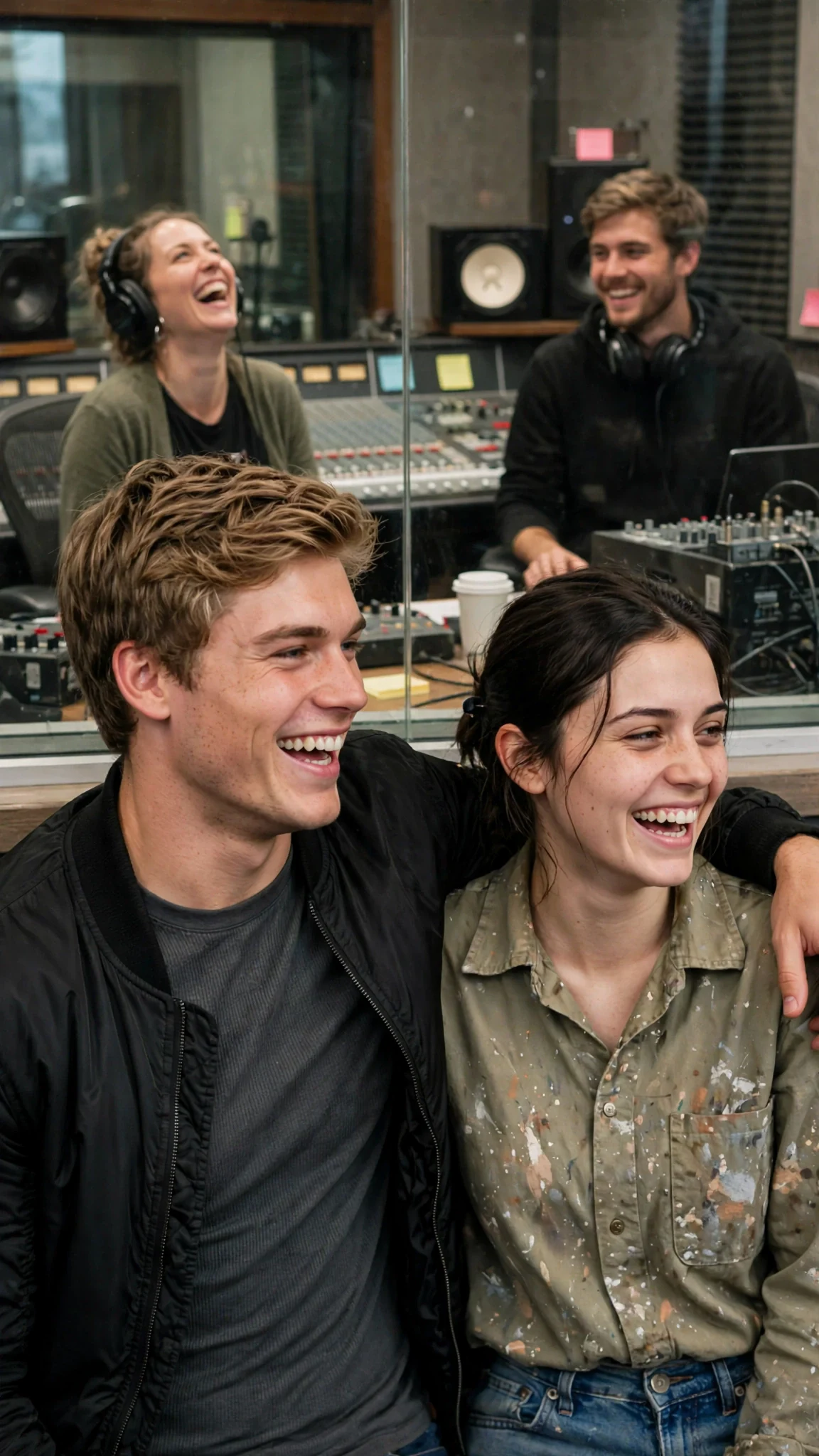 The host laughs with an arm around the young woman while the producer laughs through the glass.