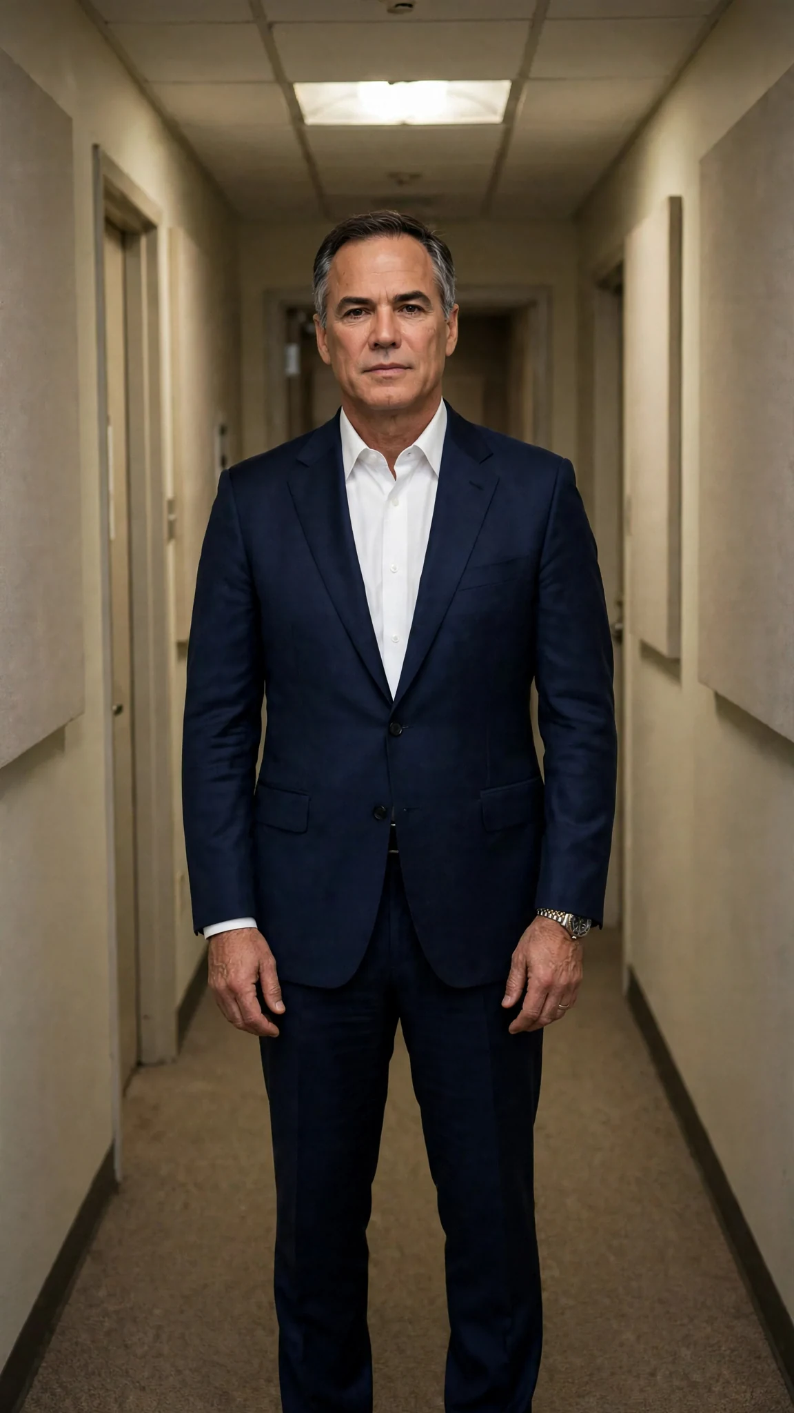 A broad older man in a navy suit waits at the end of the station hallway.