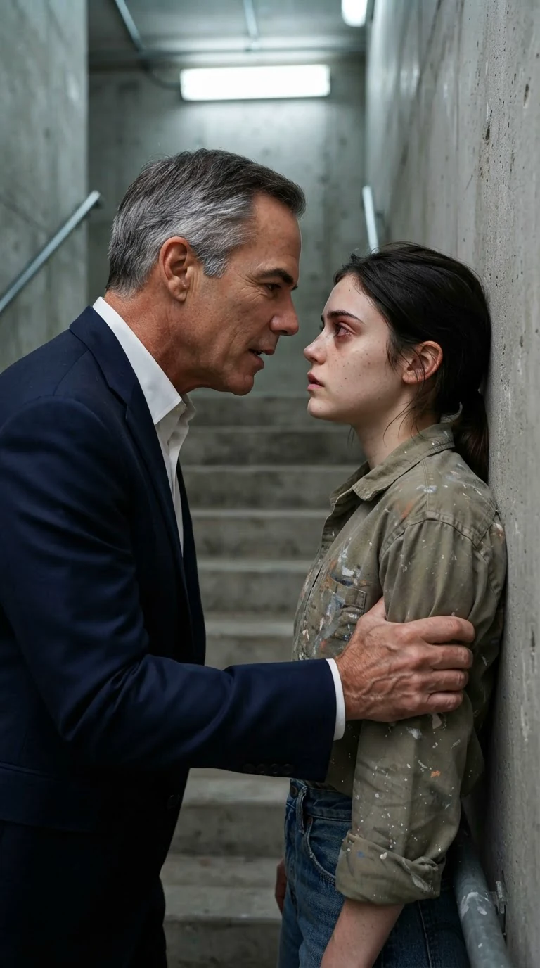 The older man holds the young woman's arm in the stairwell, speaking low and close.