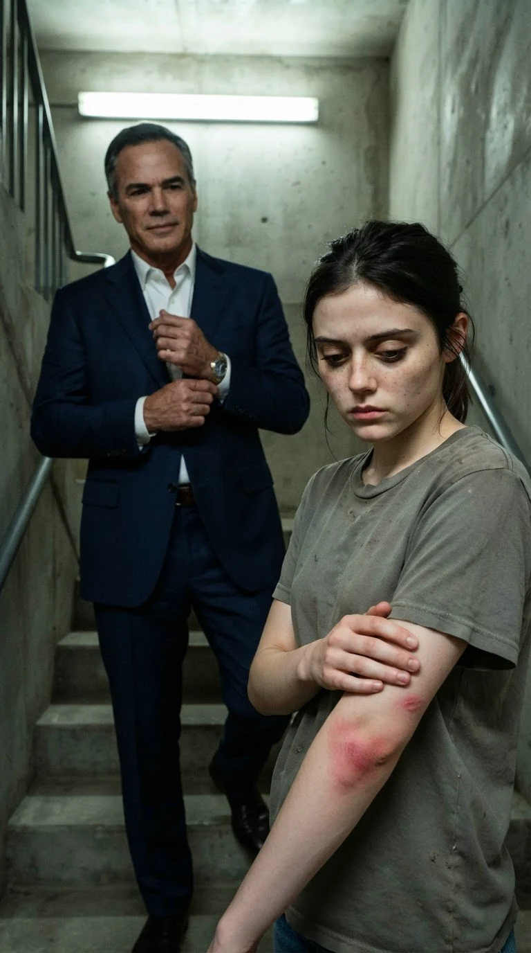 The older man releases her arm and straightens his cuff, a red mark on her skin.