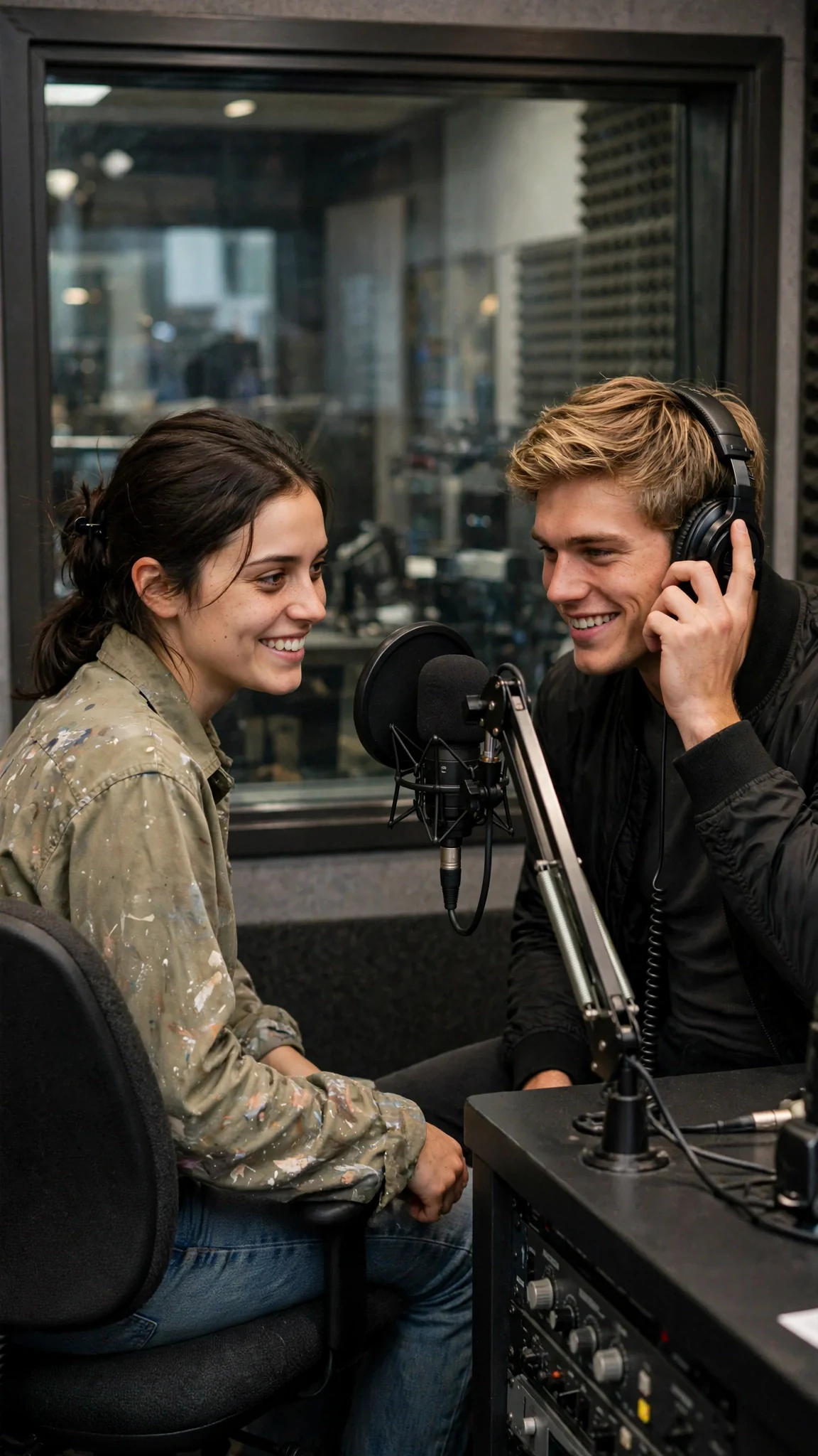 The young woman slides back into the booth chair and smiles while the host pulls on his headphones.