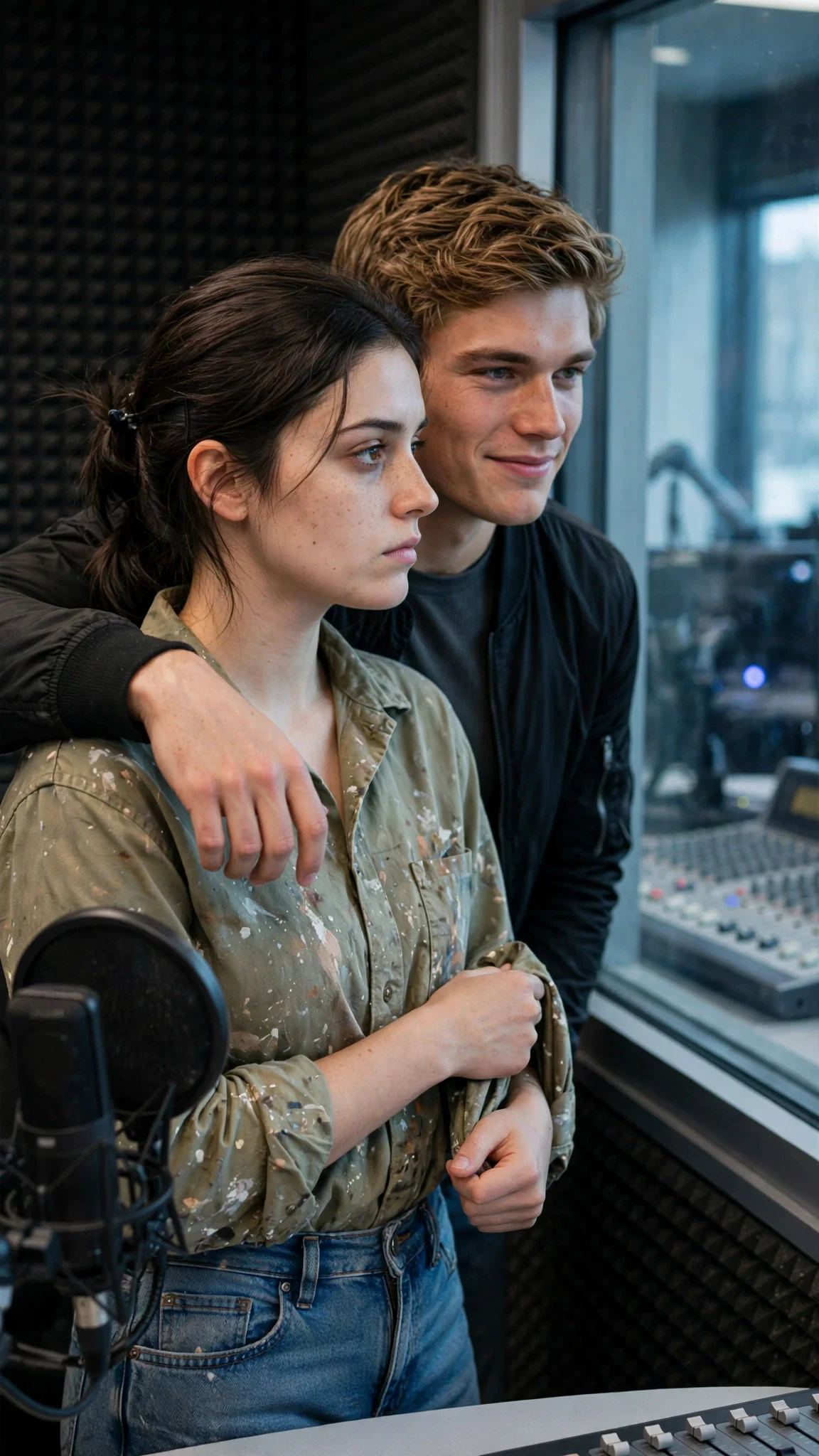 The young woman sits under the host's arm, her sleeve pulled down over the red mark on her arm.