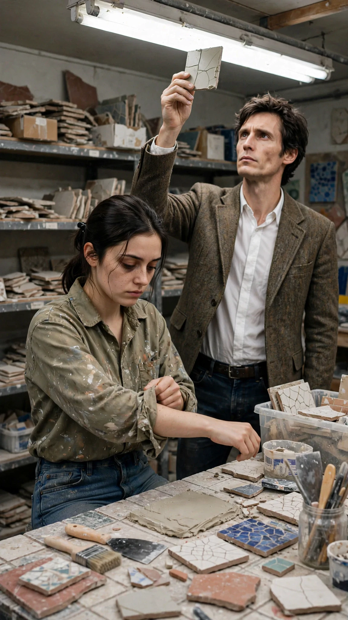 A young woman in a paint-stained shirt tugs her sleeve down at a workshop bench while a tall man holds up a tile sample.