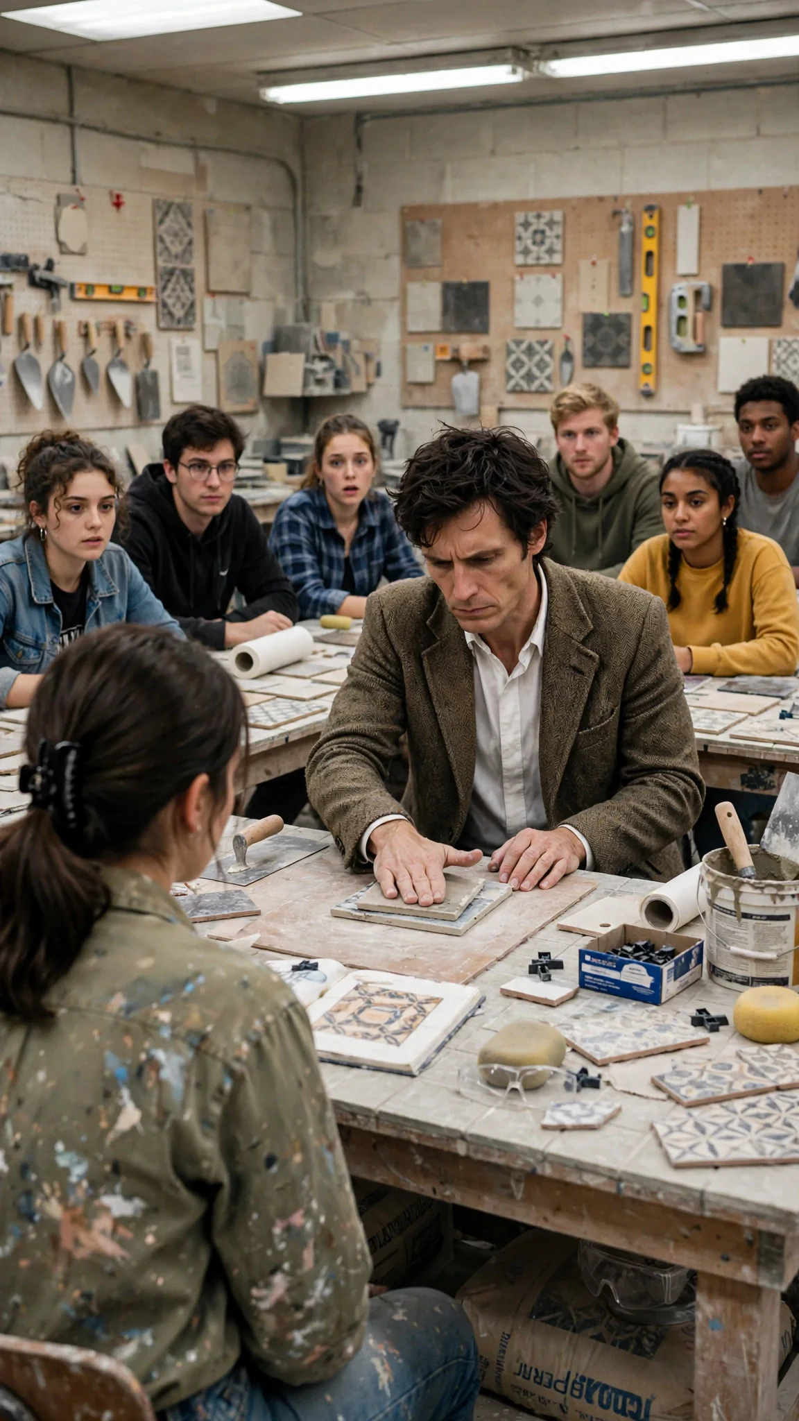 The tall professor slaps a grout board down on a bench in front of a class of students.