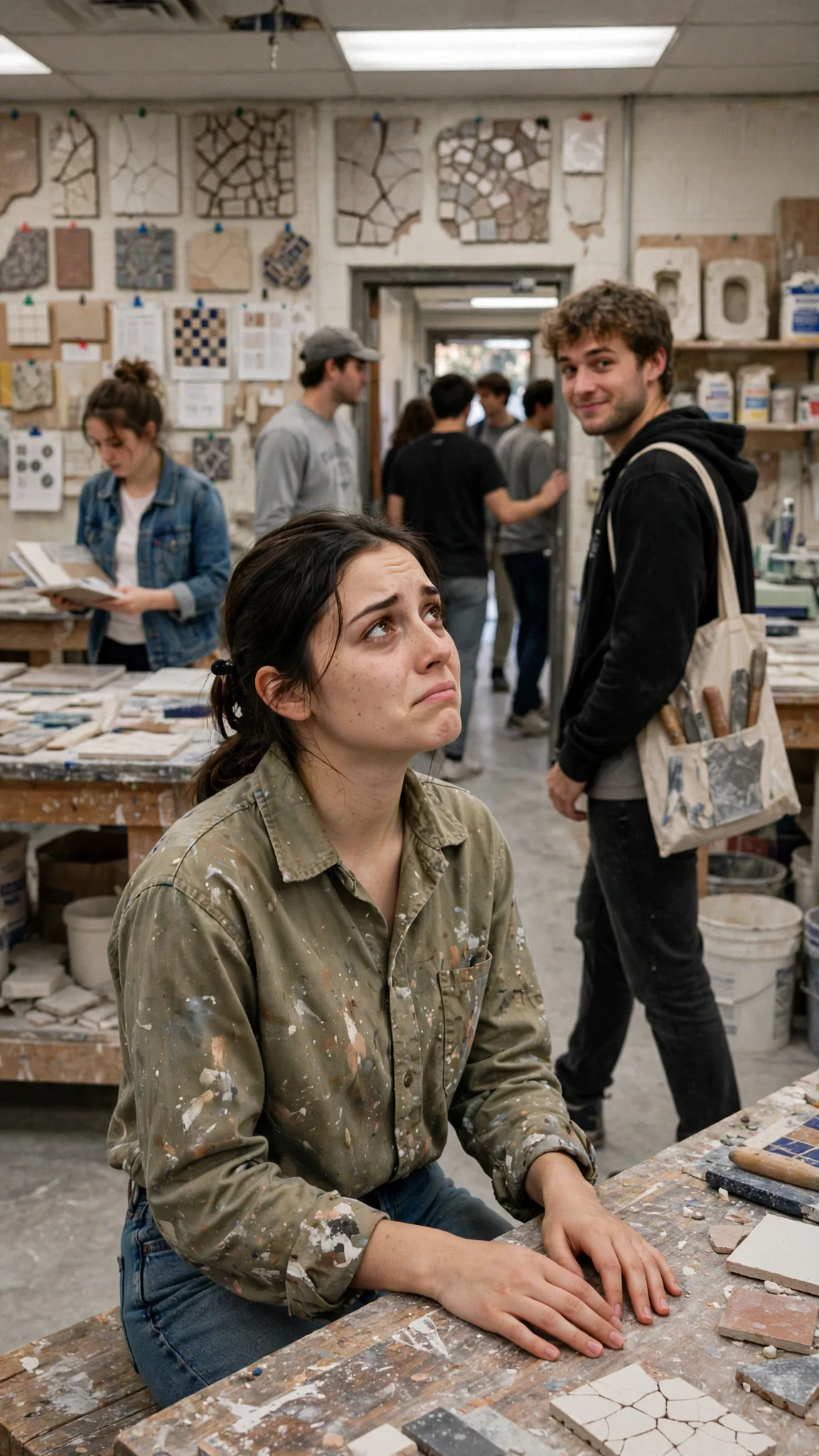 Students file out of a workshop past a young woman frozen at her bench.