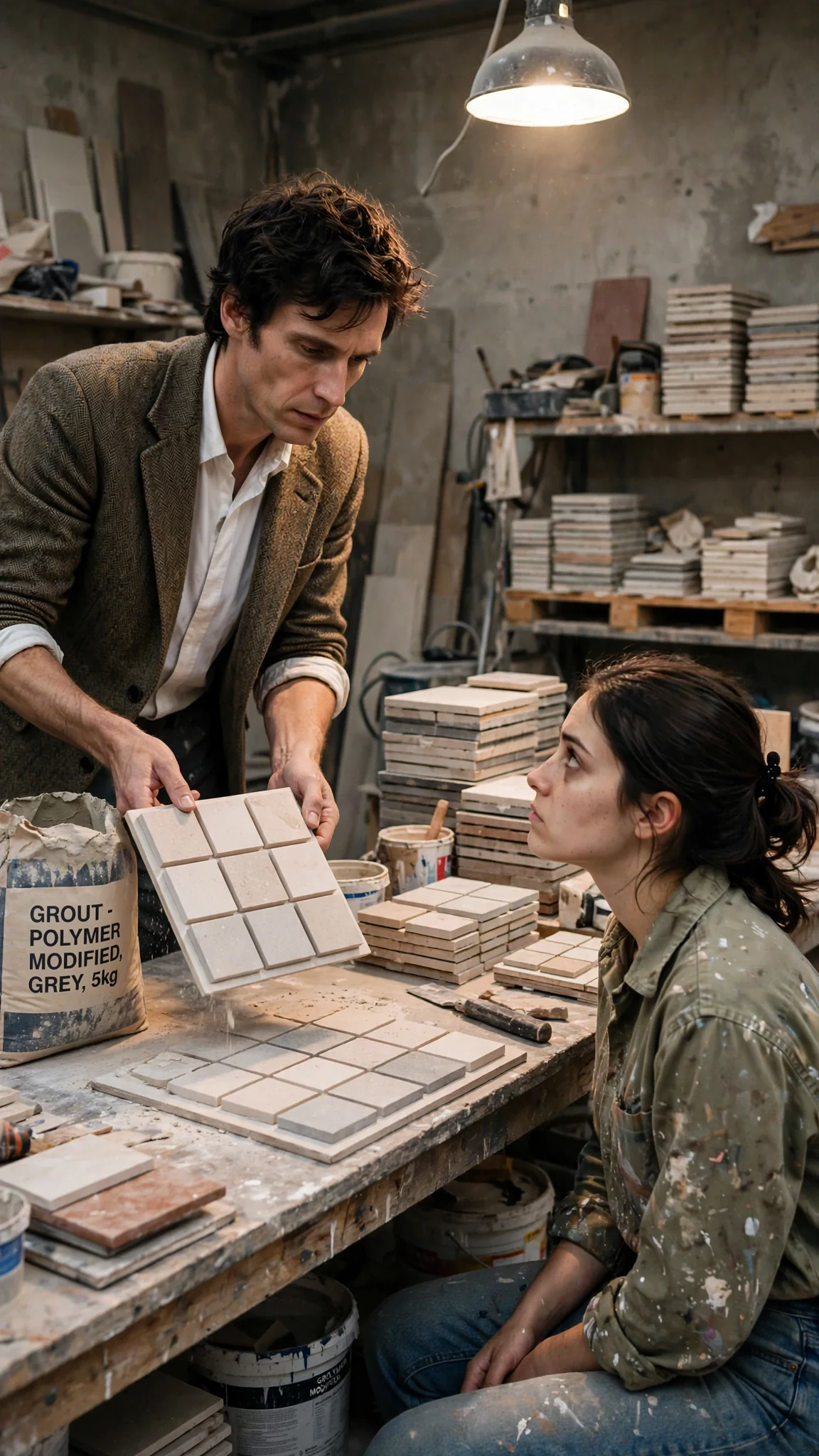 The professor drops a fresh board and a bag of grout in front of her.
