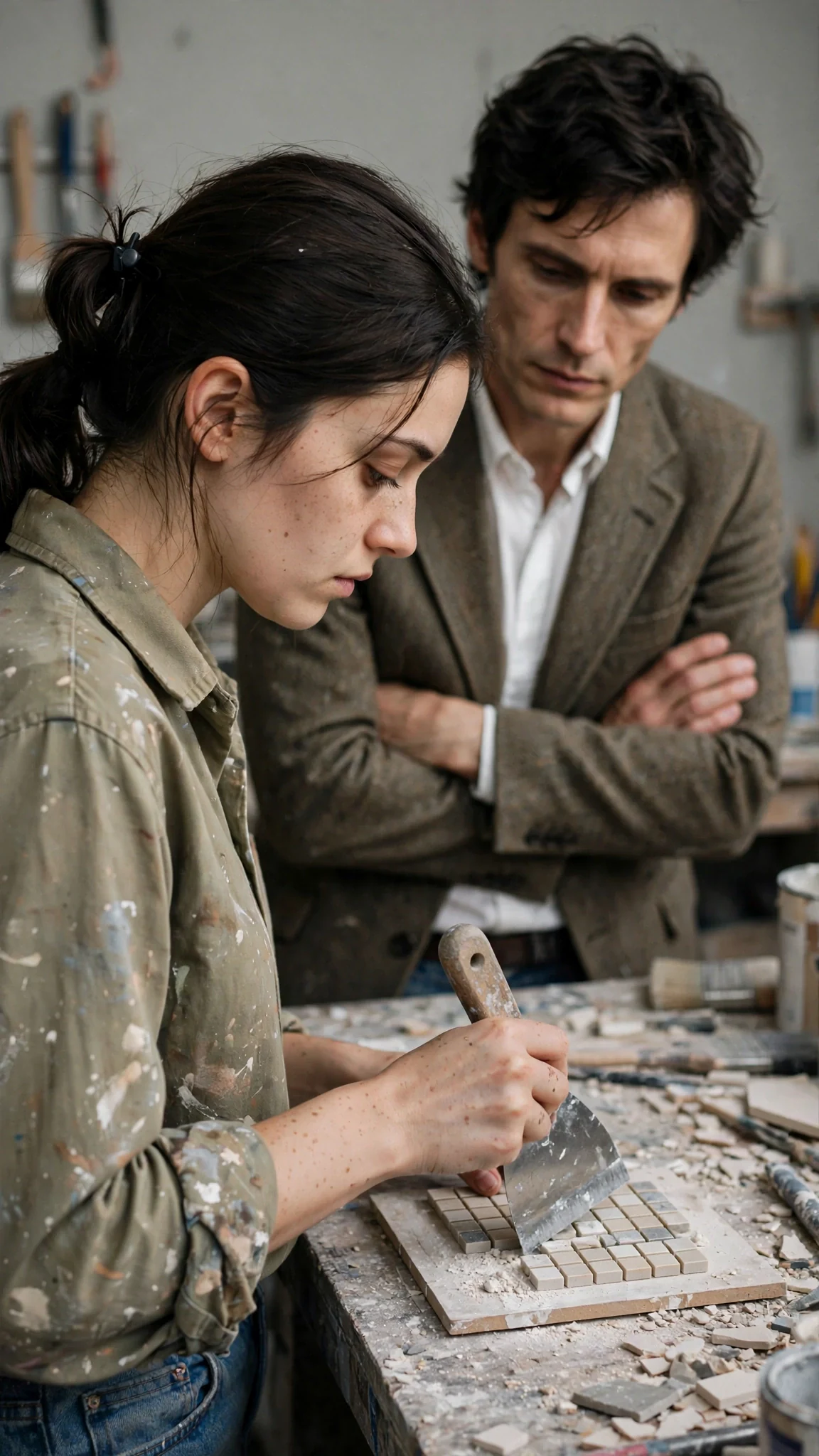 Her hands shake as she scrapes old grout off the board.