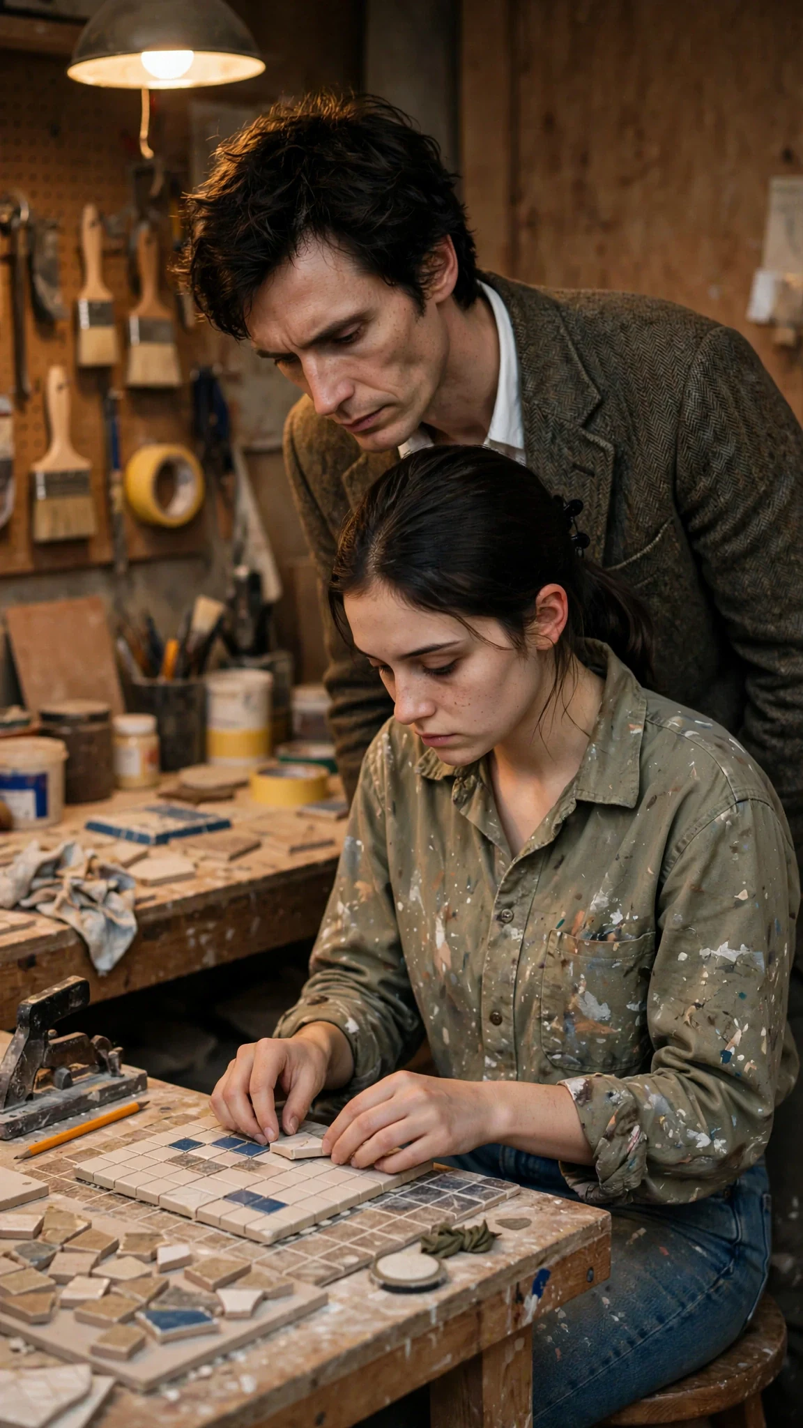 The professor steps behind her, close, watching her hands work.