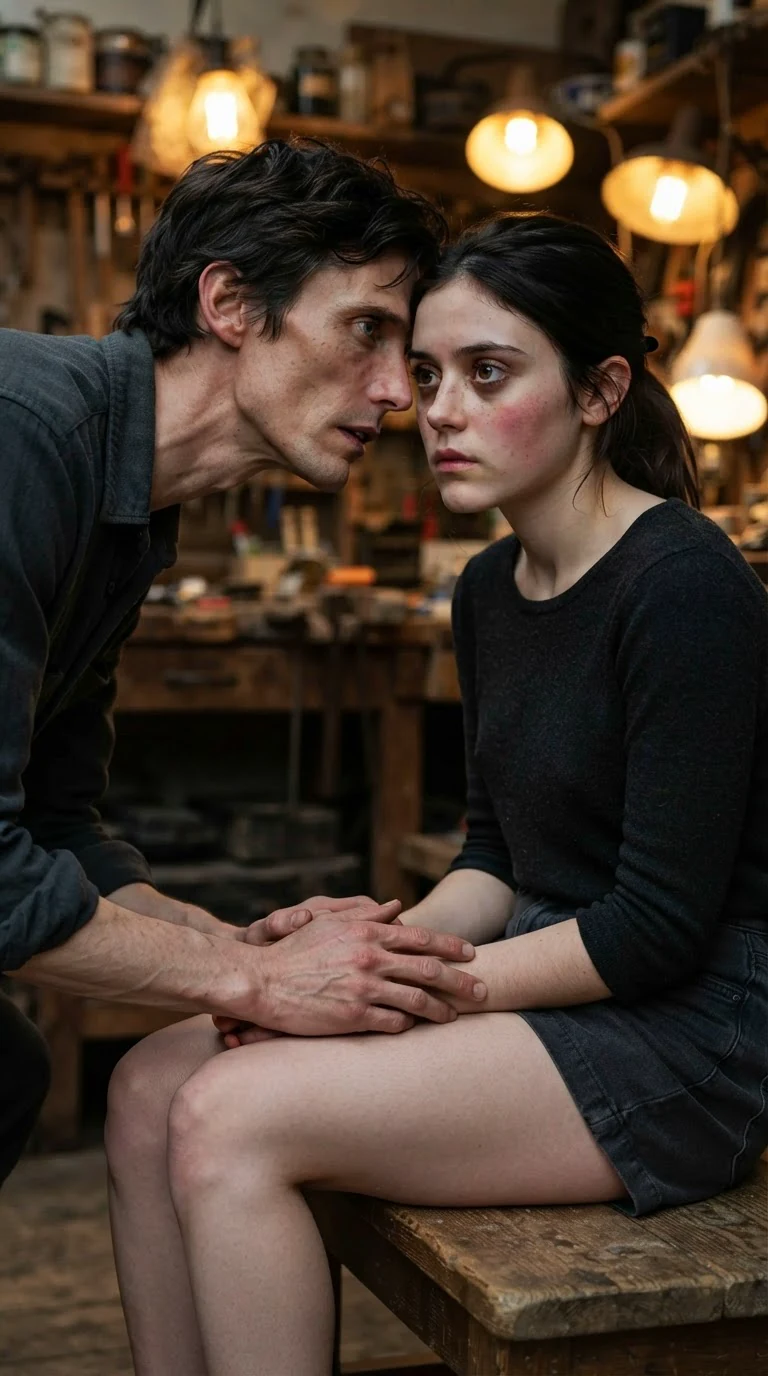 The professor leans down and speaks close to her ear.