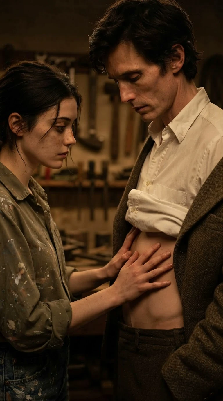 Her hands slide under his shirt onto his bare stomach.