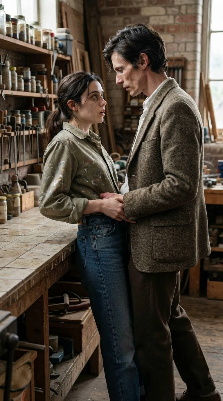 He walks her backward until her hips hit the workbench edge.