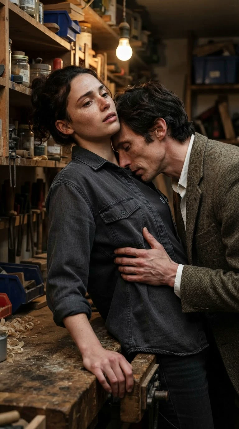 His hand slides up her ribs under her shirt while she grips the bench.