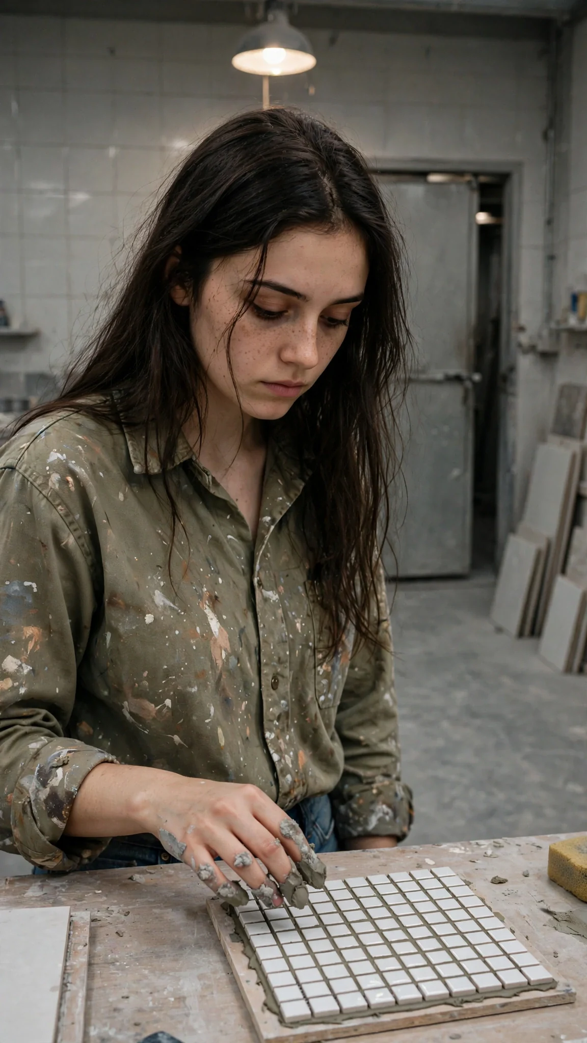 She stands alone with grout drying on her hands and a perfect line on the board.