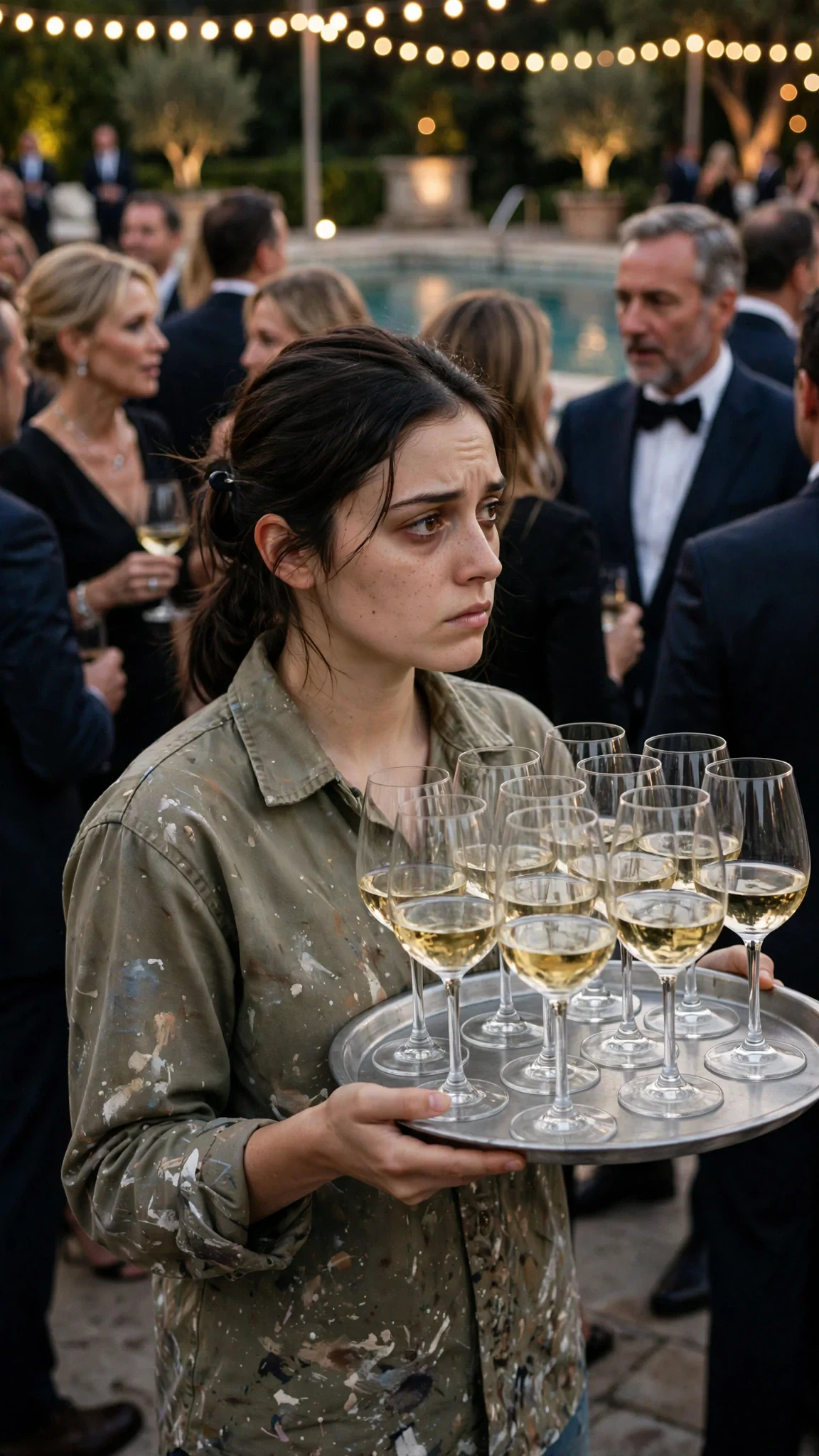 A young woman in a work shirt carries a tray of wine glasses through a crowd of dressed-up donors at an outdoor pool at night.