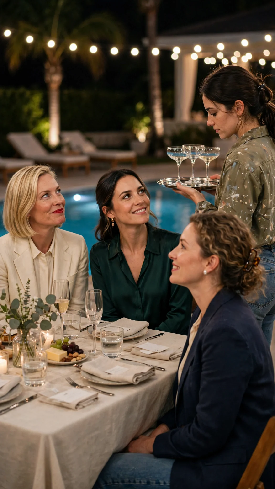 A blonde woman in cream linen and gold jewelry smirks at the heroine from a donor table.
