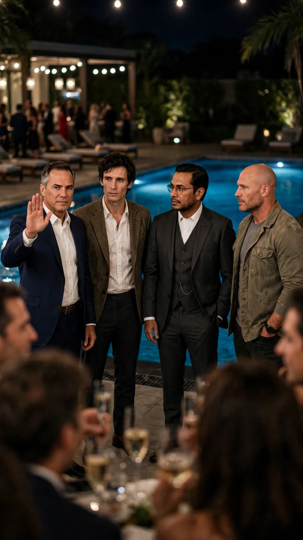 Four older men in expensive clothes stand together by the deep end while a broad silver-templed man in a navy suit raises a hand for quiet.