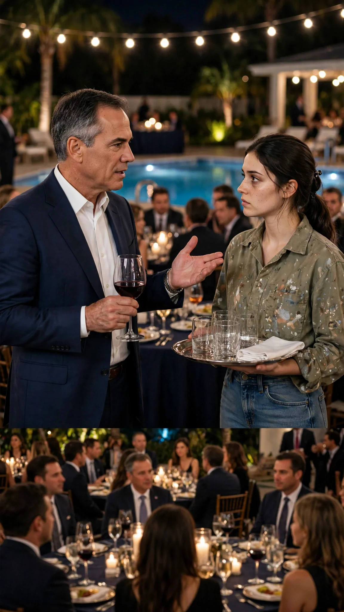 A silver-templed man in a navy suit gestures toward a young woman holding a tray while donors turn to stare.