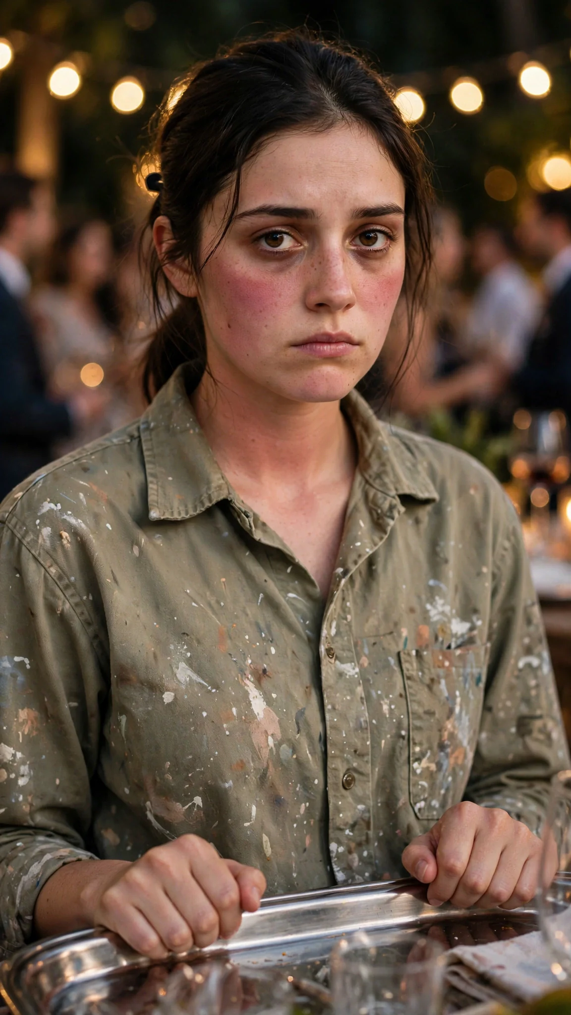 Close on the heroine’s flushed face as she stands very still with a tray, donors watching her.
