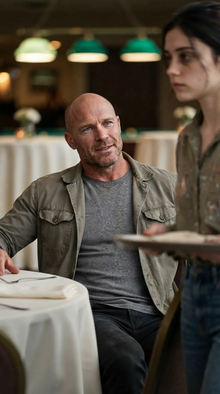 A big shaved-headed man in a canvas jacket leans back in his chair and speaks, smiling without warmth.