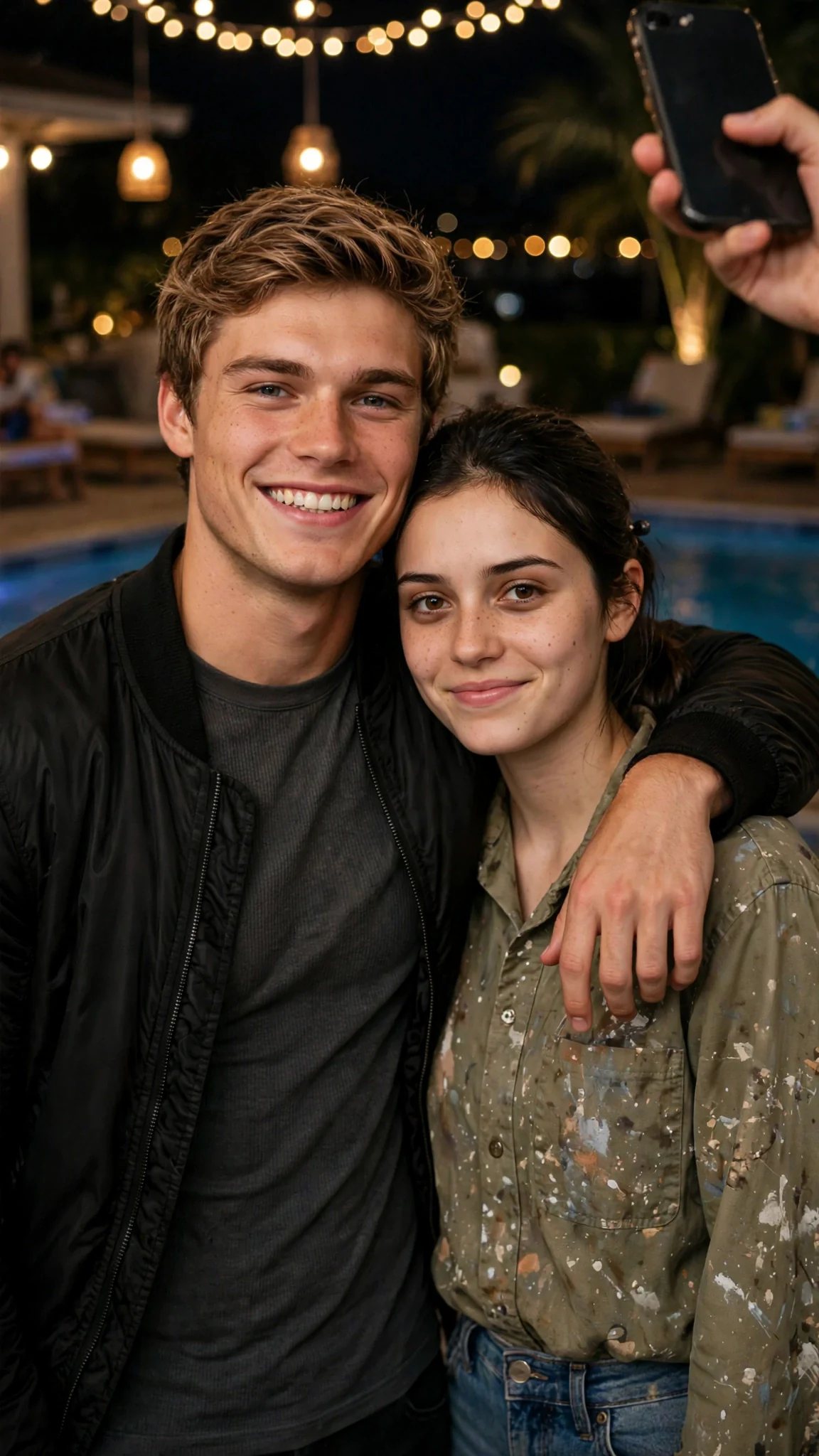 A gym-fit young man in a bomber jacket puts his arm around the heroine and pulls her against his side for a photo.
