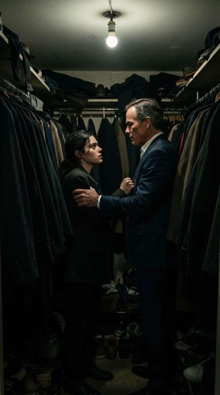 Inside a dim coatroom, the older man grips the heroine’s arm above the elbow among hanging coats.