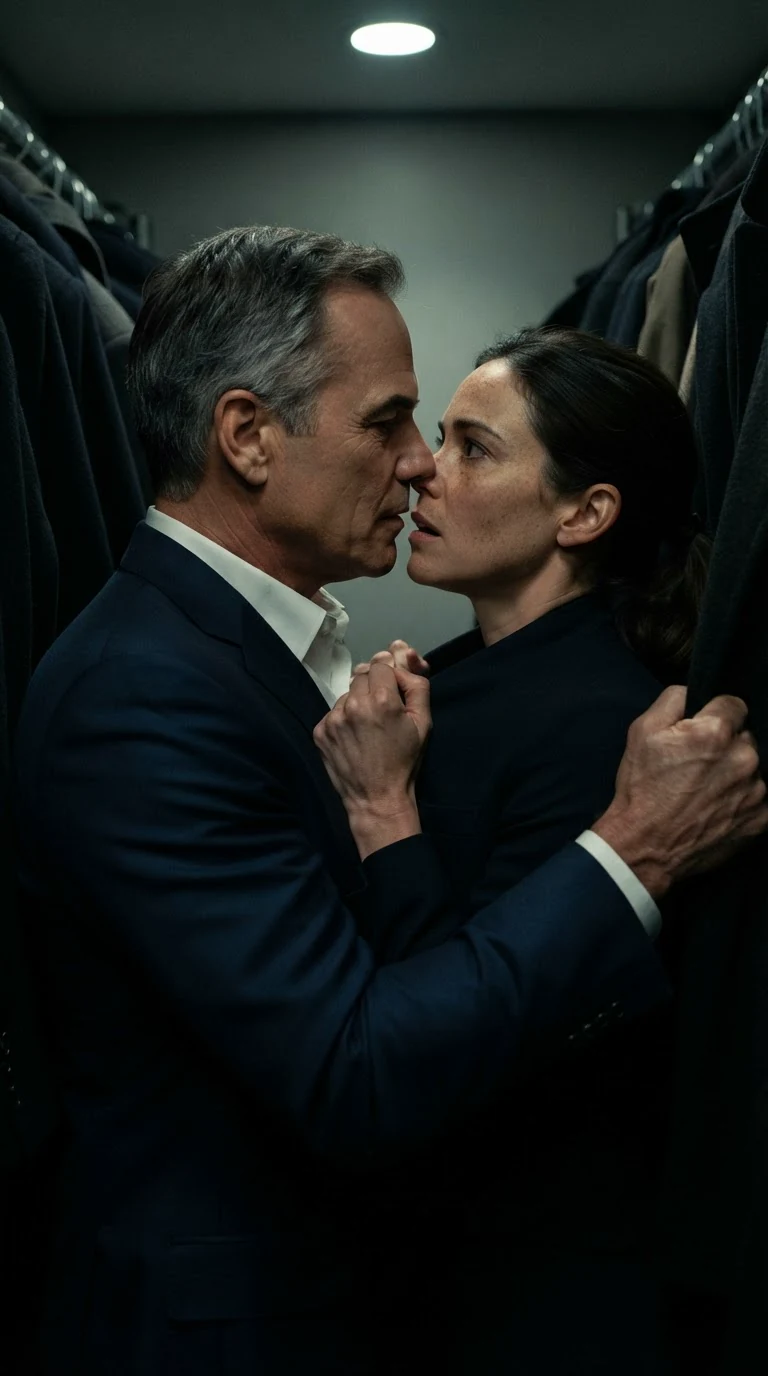 The older man kisses the heroine hard in the coatroom, one hand on her jaw, coats pressed behind her.