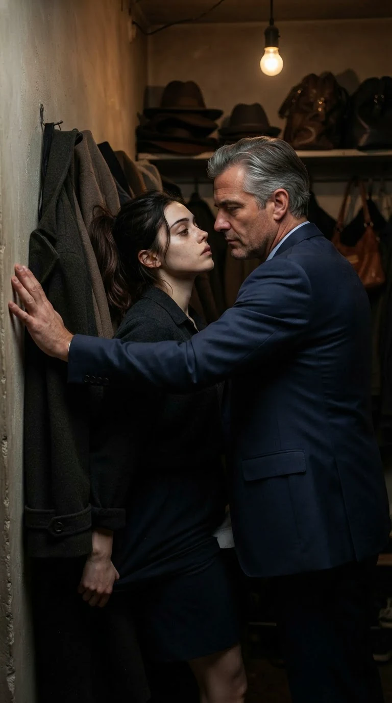 In the coatroom the man’s hand slides under the heroine’s skirt to her thigh while she tips her head back against the coats.