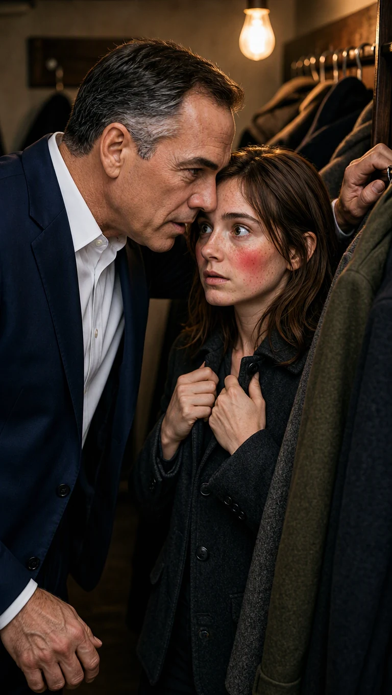 The man speaks low against the heroine’s ear, his hand still under her skirt, her eyes wide.