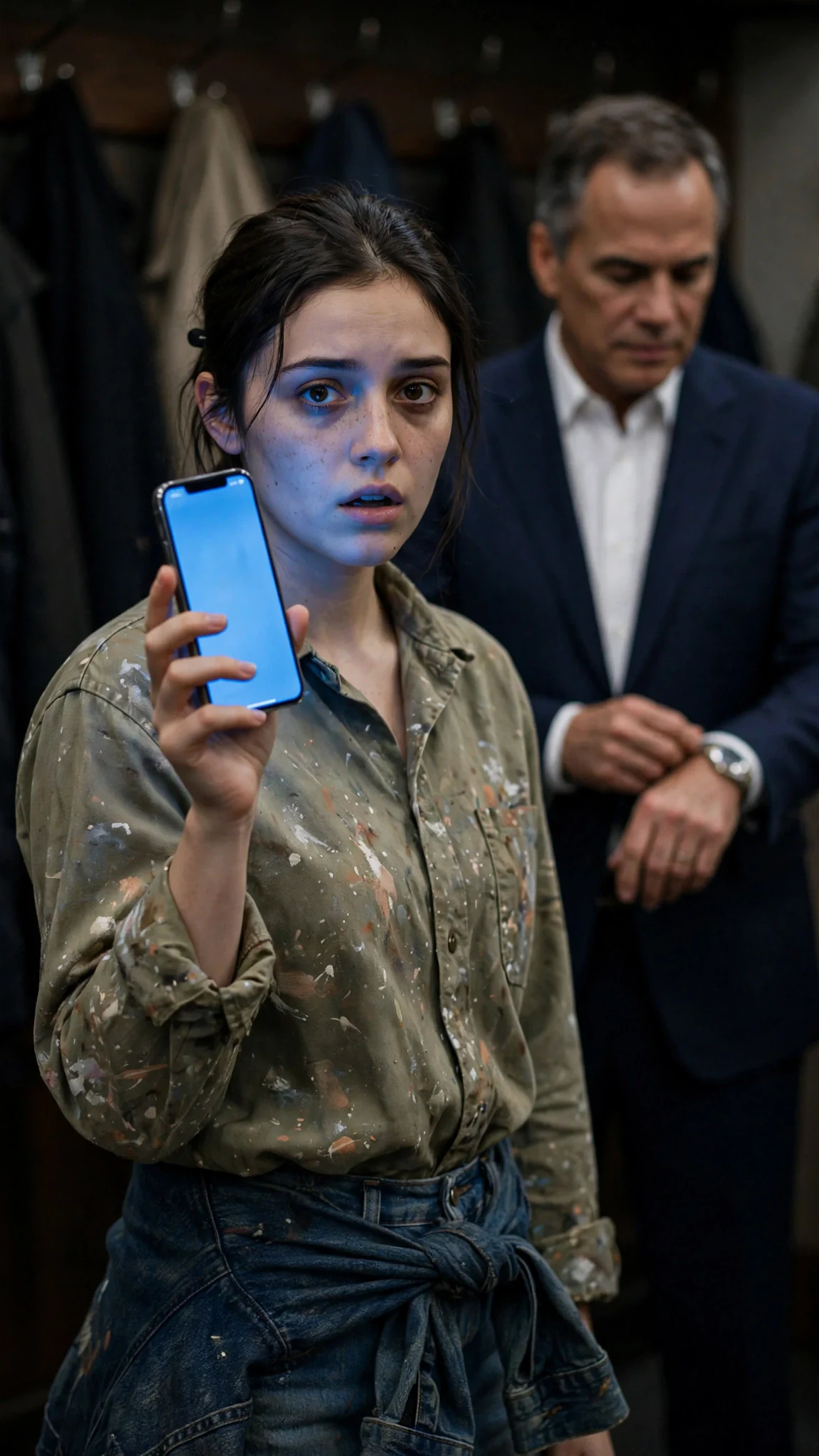 The heroine’s phone lights up in her hand inside the coatroom while the older man straightens his cuff.