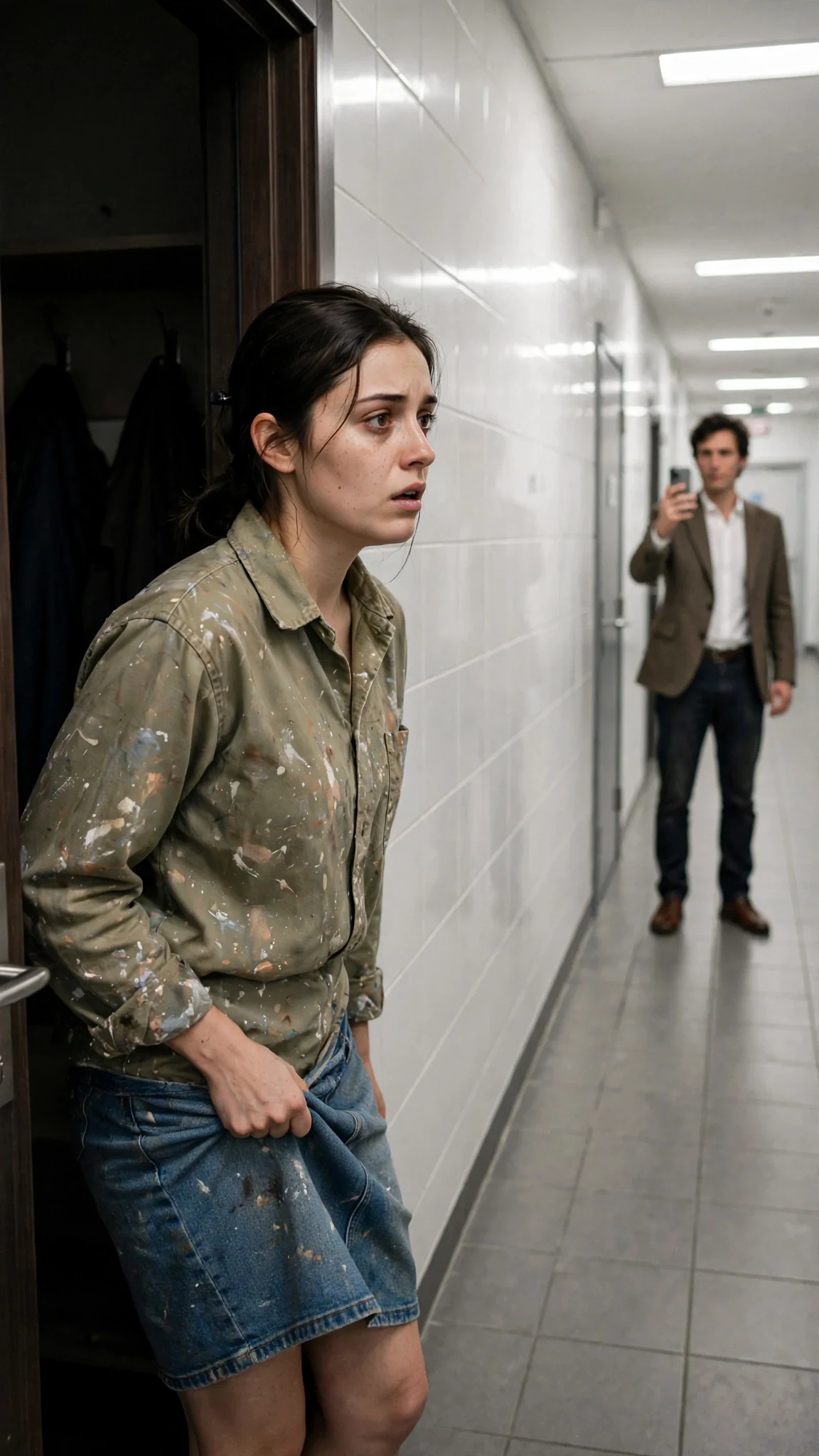The heroine steps out of the coatroom into the bright corridor and sees the tall professor at the far end holding up his phone.