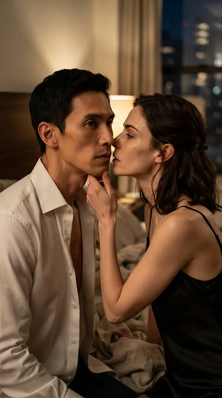 Rue in a black silk slip leans close to Quincy in an unbuttoned shirt, kissing him while he stays still.