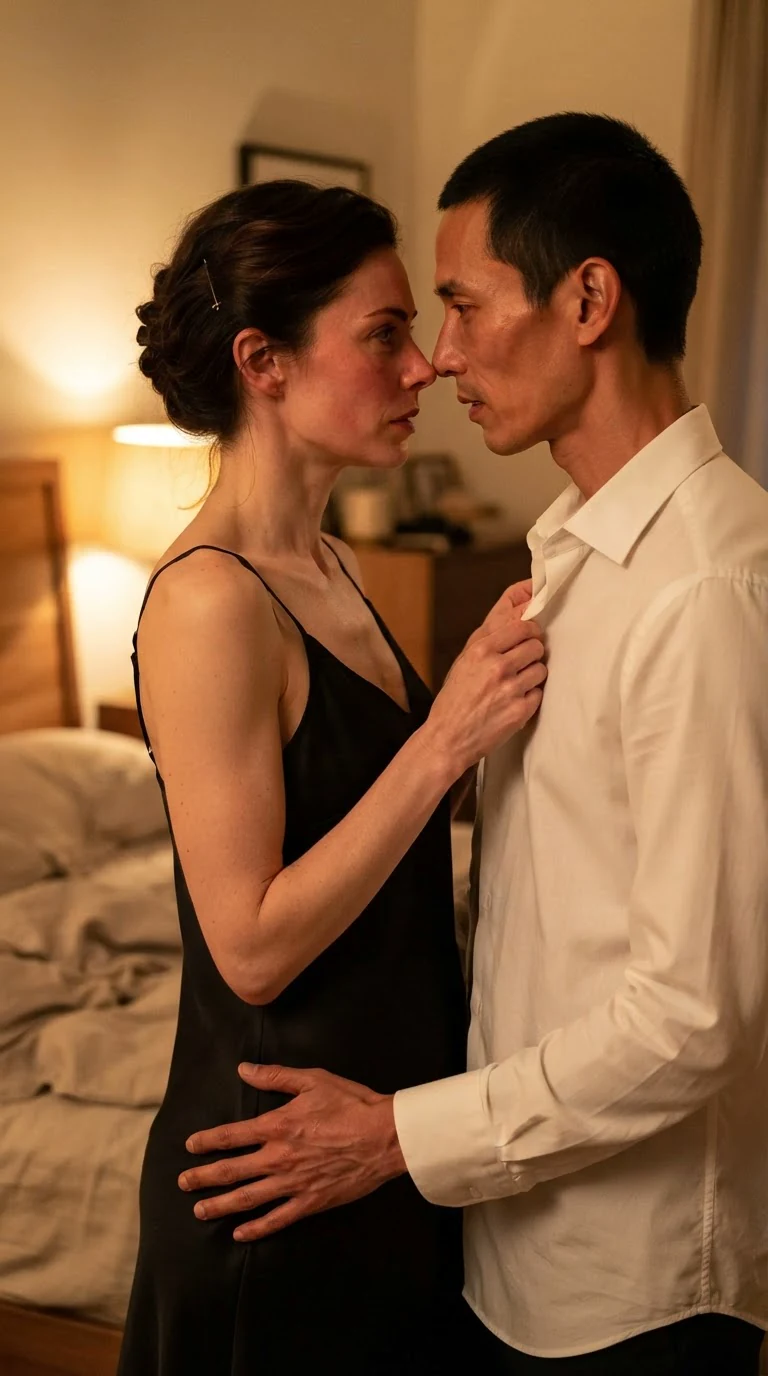 Rue presses close to Quincy, her hand at his shirt, his hand at her hip, both flushed.